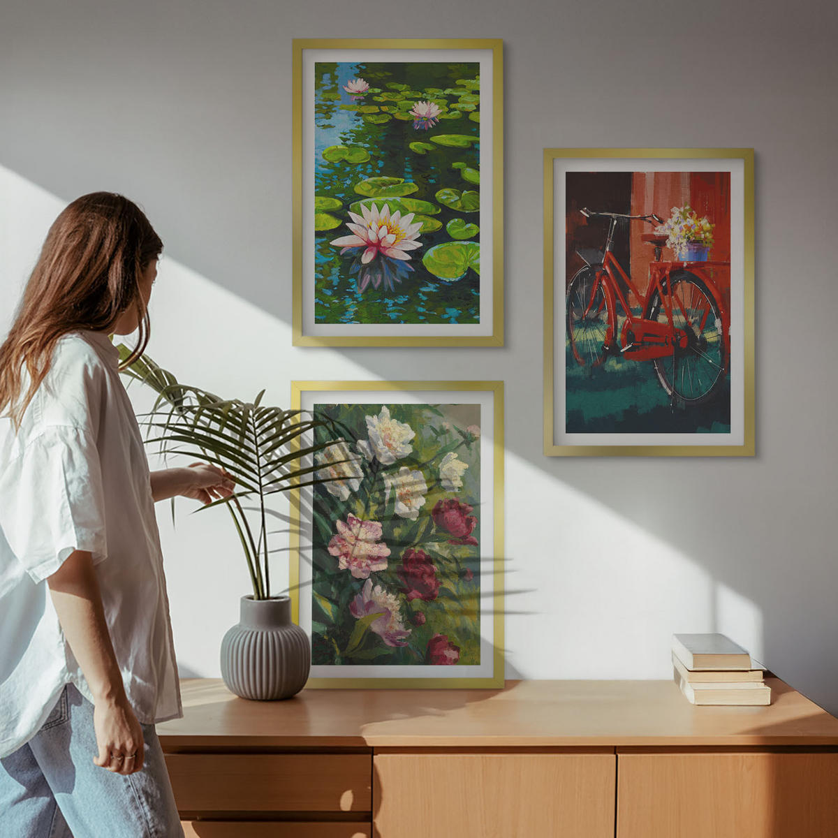 WANDBILDER 3er Set - 40x60 cm Goldrahmen - Lilien im Garten, bunte Blumen - Goldfarben, Kunststoff (40/60cm) - ArtPrintCave