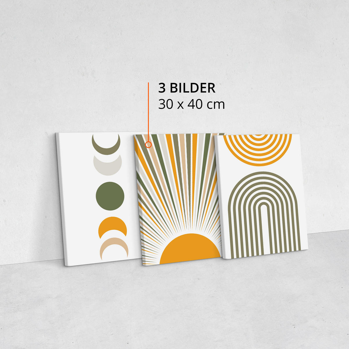 LEINWANDBILDER 3-es Set Geo-Muster Boho - Weiß/Orange, Textil (90/40cm) - Muralo