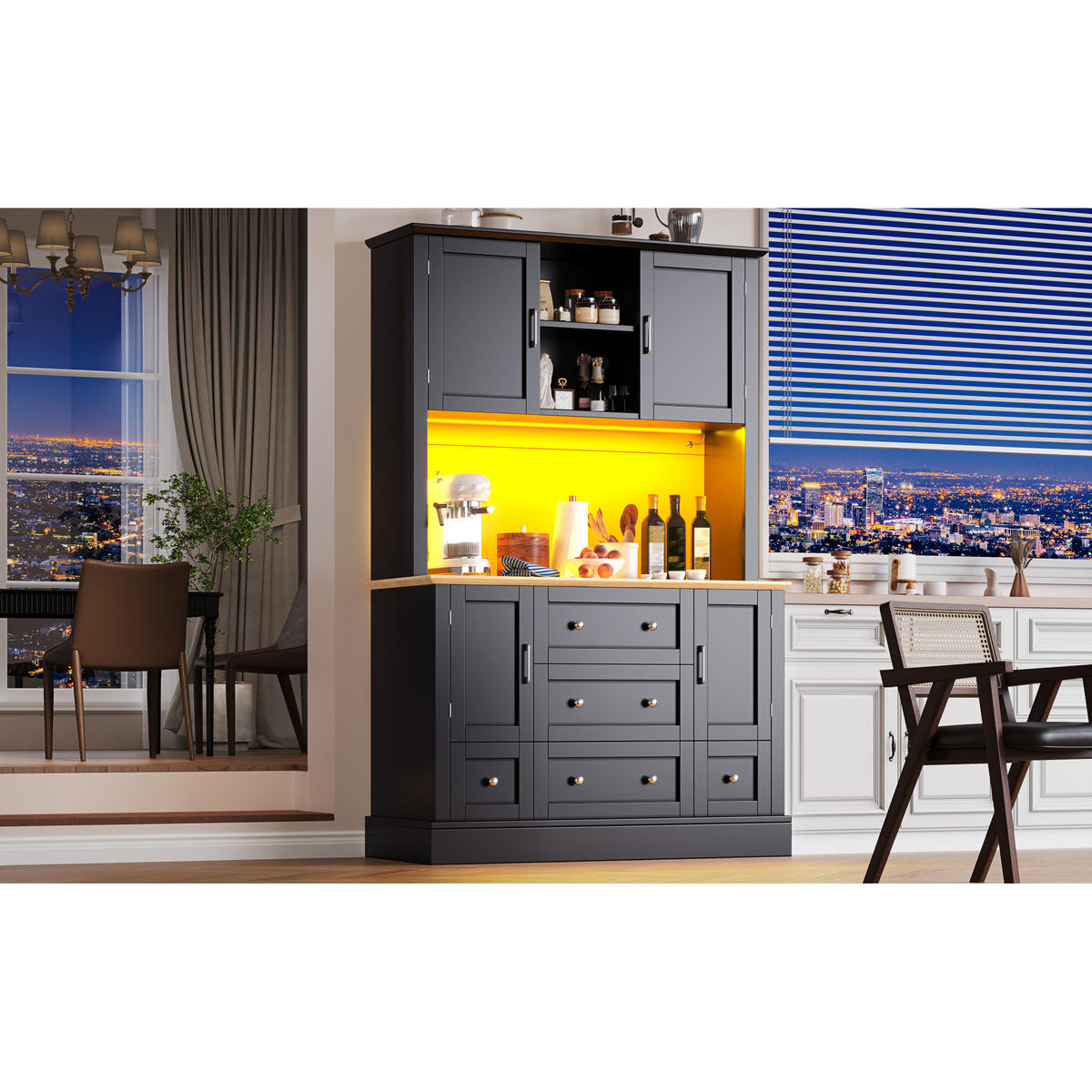 KÜCHENSCHRANK 115x40x180 cm, 4 Türen, 5 Schubladen, LED-Beleuchtung, Schwarz/Natur - Naturfarben, Holzwerkstoff (115/180/40cm) - FOHERE