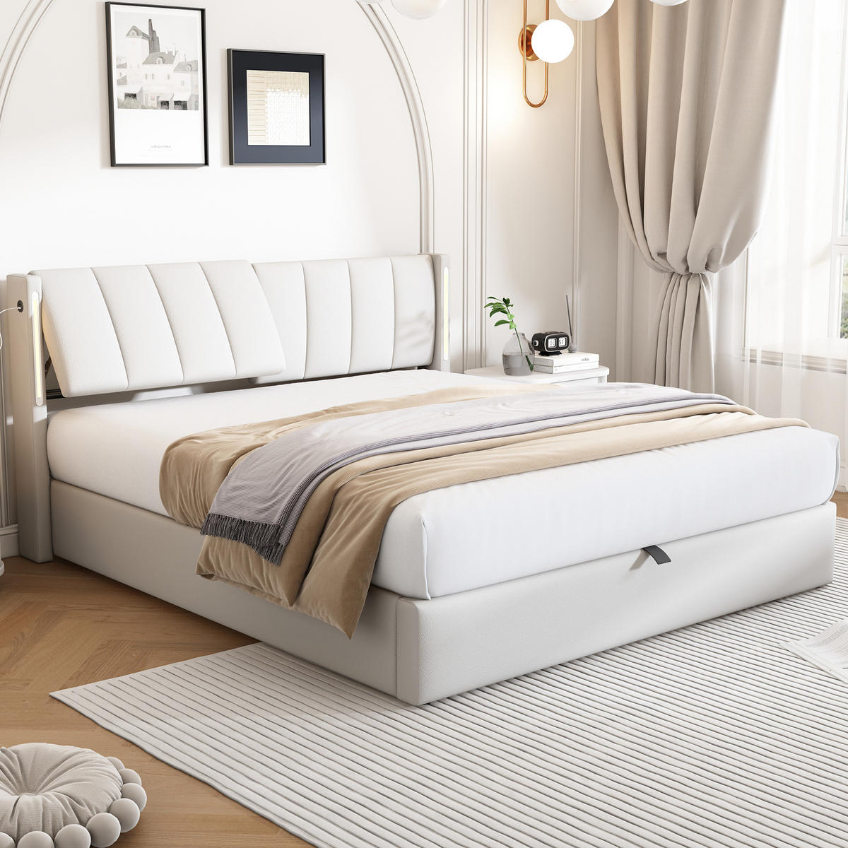 POLSTERBETT 160/200 cm aus PU mit LED-Beleuchtung, USB-Anschluss, Bettkasten und verstellbarem Kopfteil, Weiß - Weiß, Kunststoff (160/200cm) - Redom