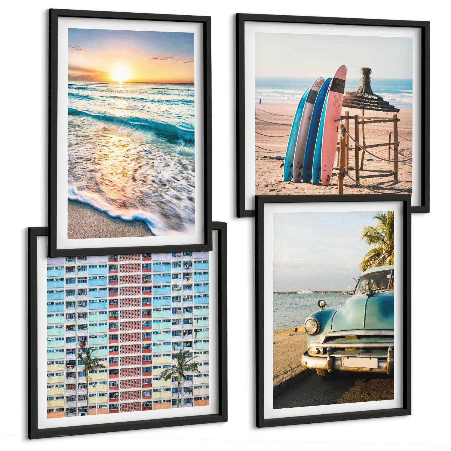 BILDER SET 4er Set - 50x50 cm & 40x60 cm Schwarzer Rahmen - Sonnenuntergang in Miami - Schwarz, Kunststoff (50/50cm) - TULUP