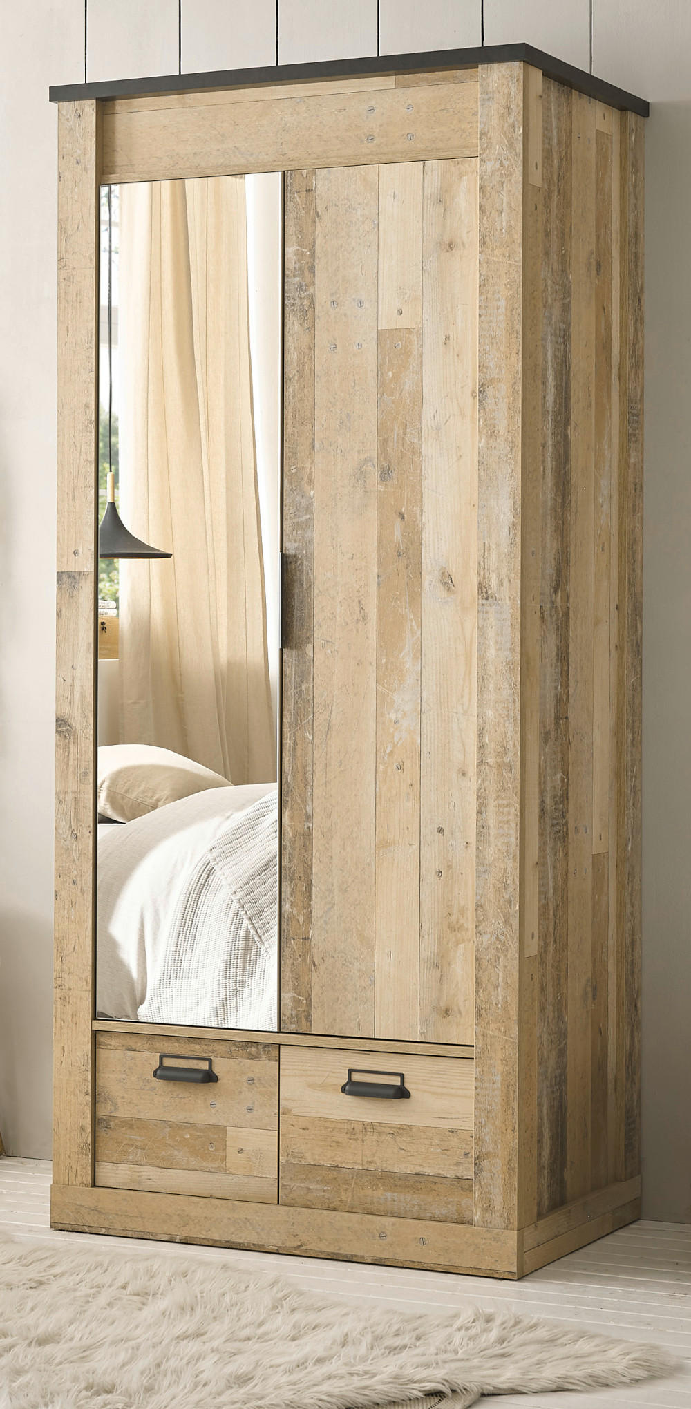 Thumbnail - Furn.Design Kleiderschrank, Natur, Dunkelgrau, Metall, Nachbildung,Altholz, Vintage, Holz Optik, 2 Fächer, 2 Schubladen,...