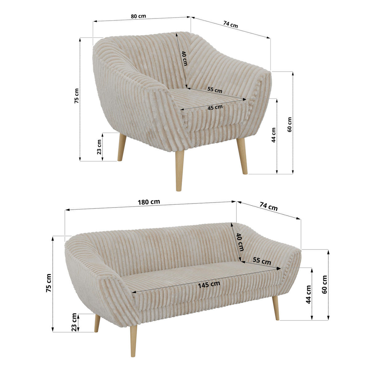 SITZGARNITUR PIRS 3+1+1 - Beige Cord - Holzbeine - Beige/Buchefarben, Holzwerkstoff/Textil (180/75/74cm) - MKS
