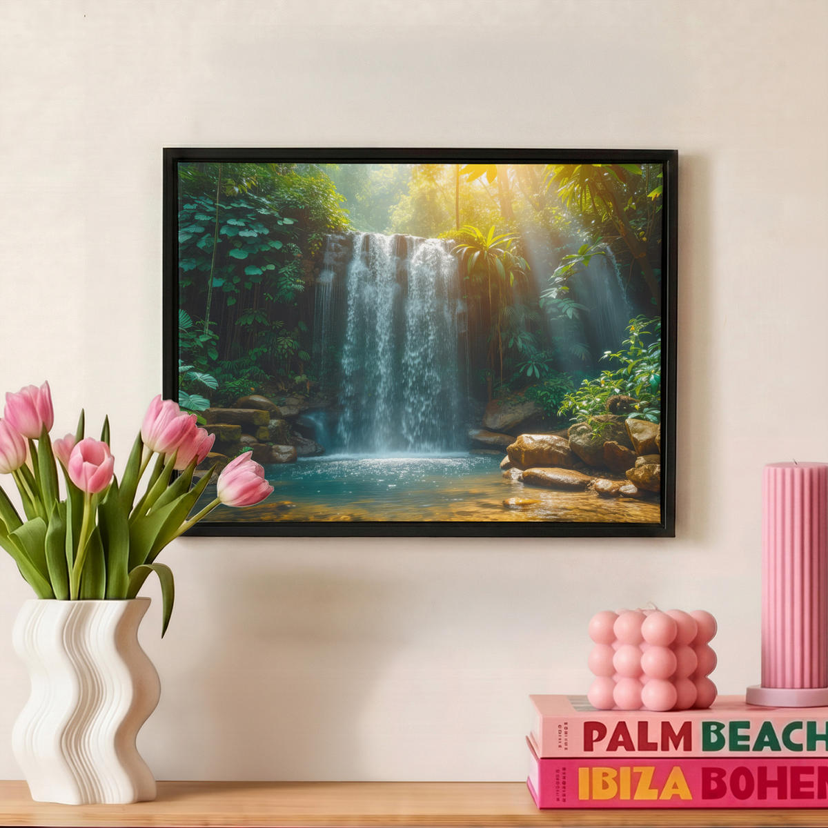 LEINWAND Bilder mit Rahmen - Wasserfall - Dschungel - Sonne - Grün - Natur - 40x30 - Grün, Textil (40/30cm) - MuchoWow