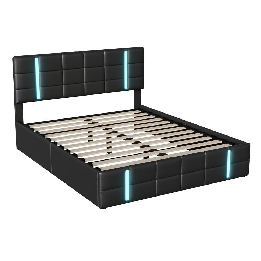 POLSTERBETT 160x200 cm mit LED-Beleuchtung , 2 USB-Ports und hydraulischem Stauraum - ohne Matratze - Schwarz, Textil (160/200cm) - DELFA