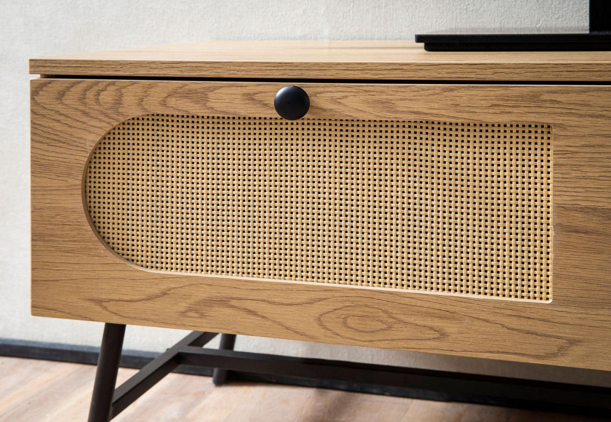 LOWBOARD Eiche-Dekor Rattan Modern Stil 100x45x40 cm mit Schubladen - Schwarz/Braun, Holzwerkstoff/Metall (100/45/40cm) - KADIMA DESIGN