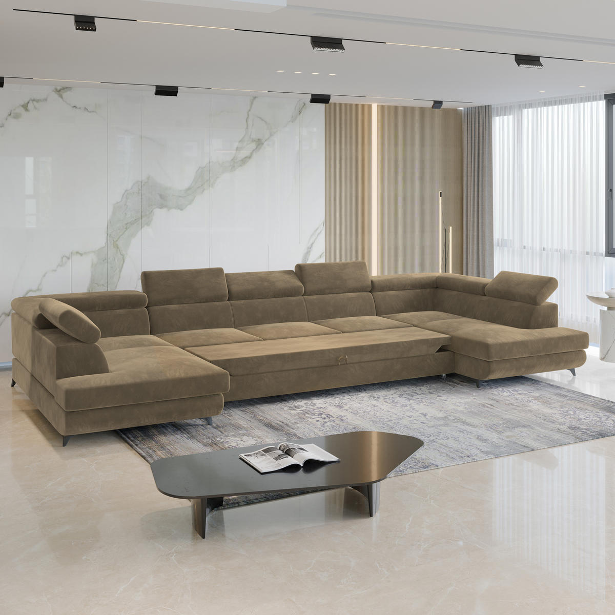 WOHNLANDSCHAFT URMANO Beige Velours-Stoff mit Schlaffunktion - Beige, Holz (395/89/190cm) - MASSENO