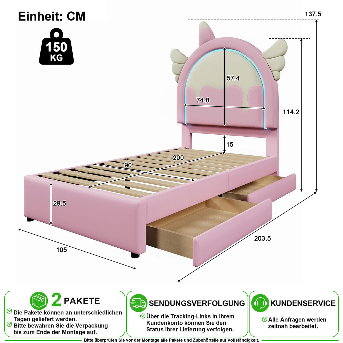 POLSTERBETT 90/200 cm in Rosa mit LED, 2 Schubladen und Einhornform - Rosa, Holzwerkstoff/Textil (90/200cm) - CHICFURN
