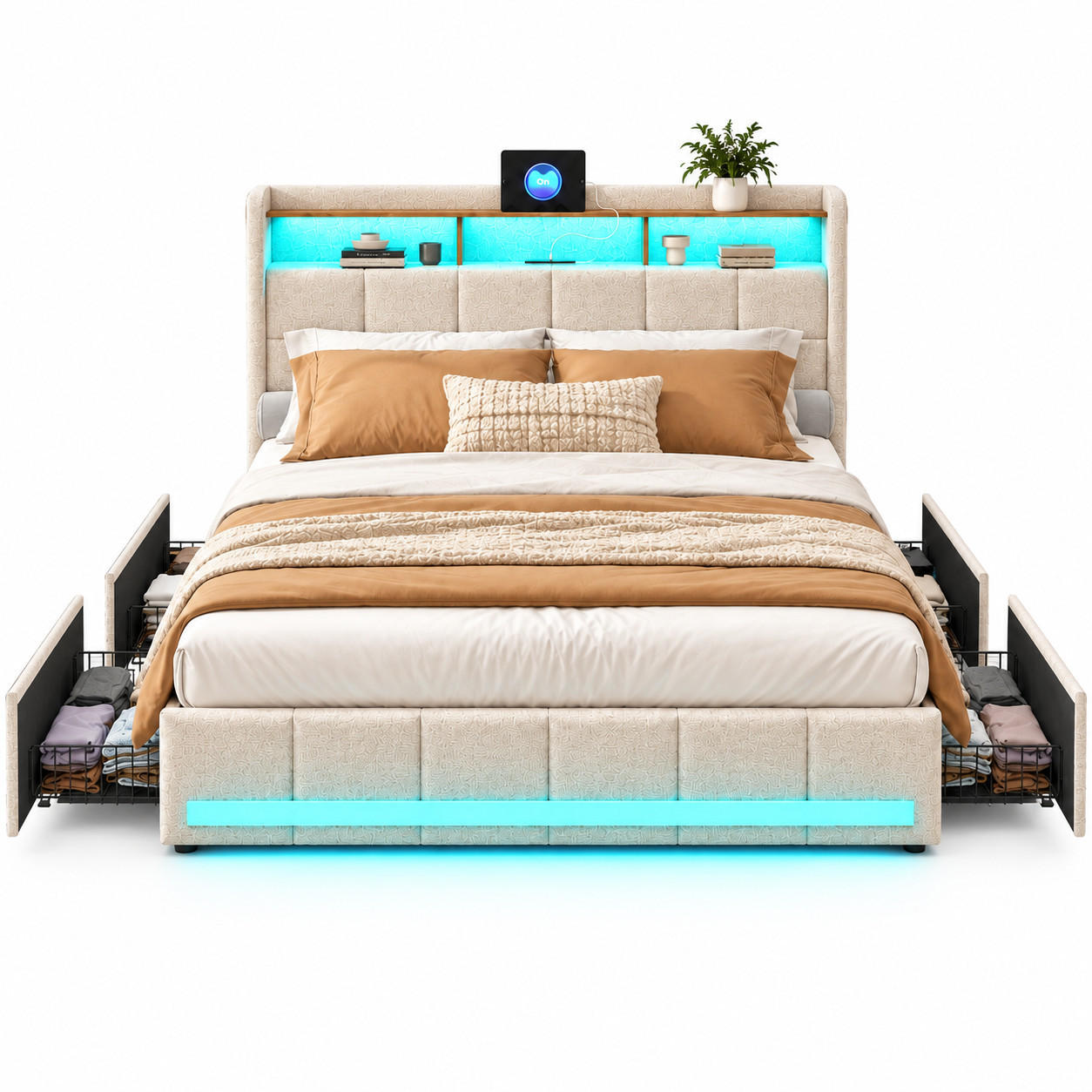 POLSTERBETT,BETT 140/200 mit Schubladen und LED&Ladefunktion,Beige - Beige, Holz/Textil (140/200cm) - PARAFTA HOME