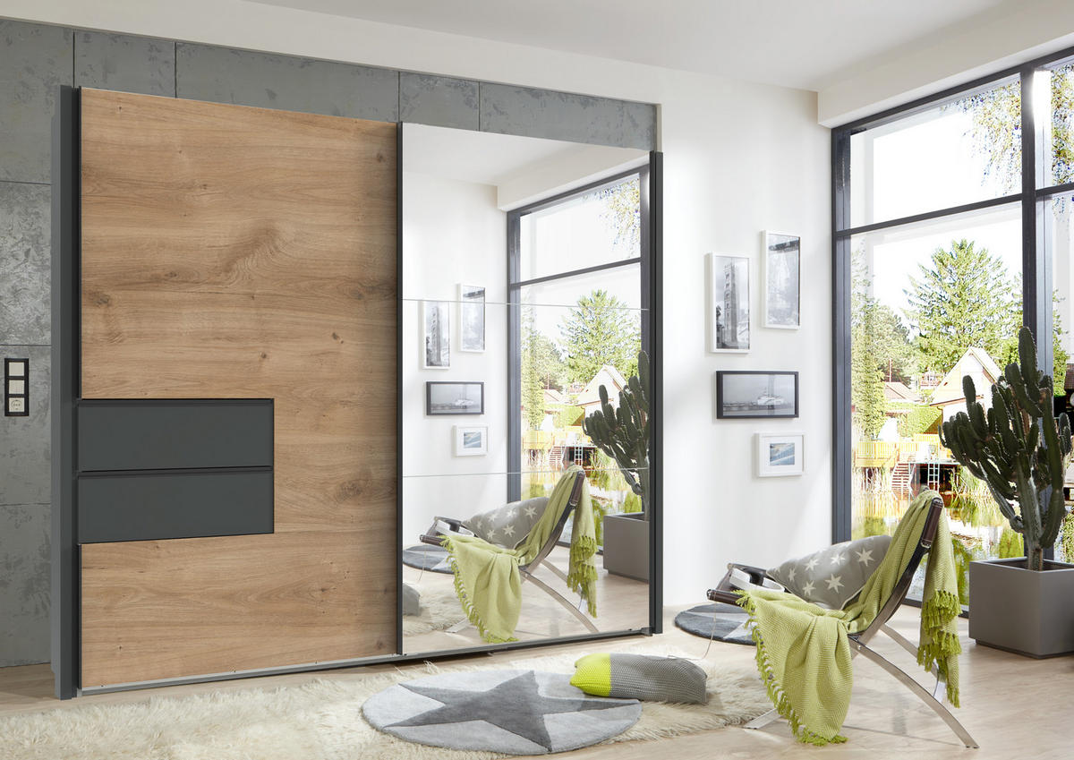 SCHWEBETÜRENSCHRANK B262/H216/T65 cm, Korpus+Passepartout+Schubladen Grafit, Türen eichefarben / Spiegel, inkl. Vollausstattung / 22060 - Eichefarben/Schwarz, Holzwerkstoff/Metall (262/216/65cm) - luma-home