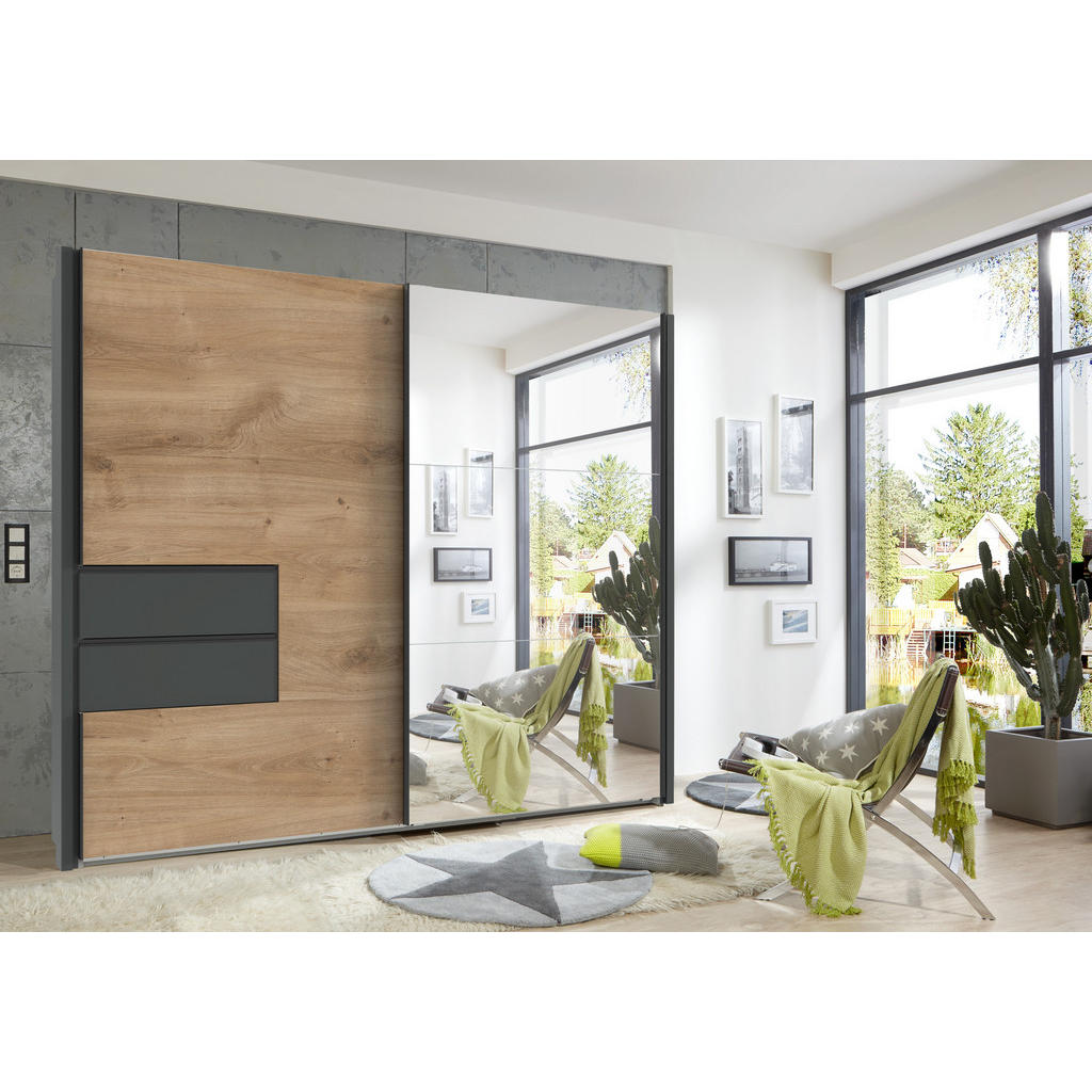 Thumbnail - luma-home Schwebetürenschrank, Eiche, Metall, Nachbildung, 3 Fächer, 2 Schubladen, Rechteckig, 262x216x65 cm, Schlafzimm...