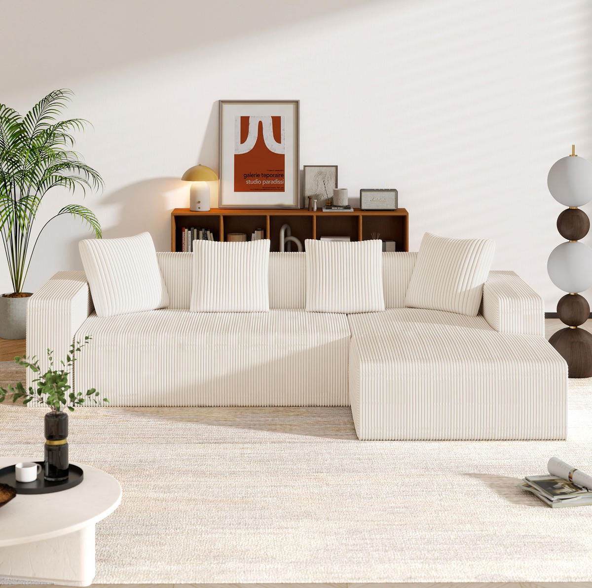 ECKSOFA 261/146/65 cm weiß aus Cord modular mit Longchair - Weiß, Textil (146/261cm) - OKWISH