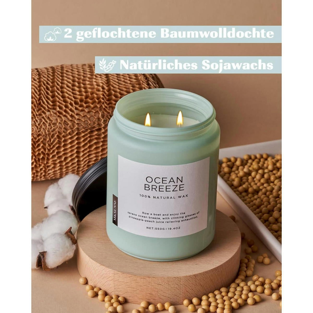 DUFTKERZE im Glas Meeresbrise 550g 110 Stunden Brenndauer 2 Docht mit Deckel - Petrol, Paraffin (13cm)