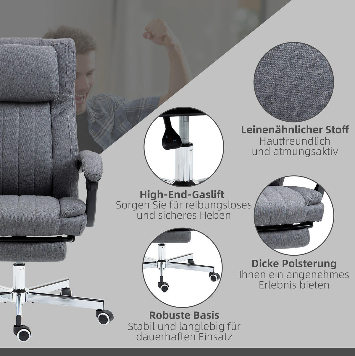 BÜROSTUHL in Grau 61x65x113 cm mit Vibrationsmassage, Liegefunktion und Fußstütze - Grau, Textil (65/113/61cm) - IVMEU