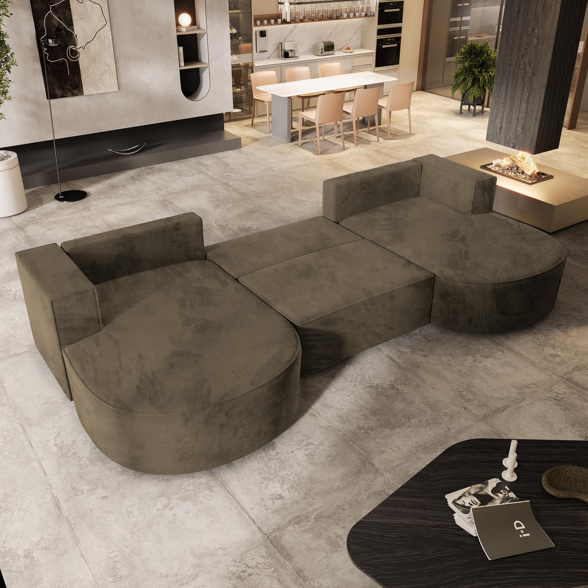 WOHNLANDSCHAFT VEZZO M Beige Velours-Stoff mit Schlaffunktion - Beige, Holz (347/85/174cm) - MASSENO