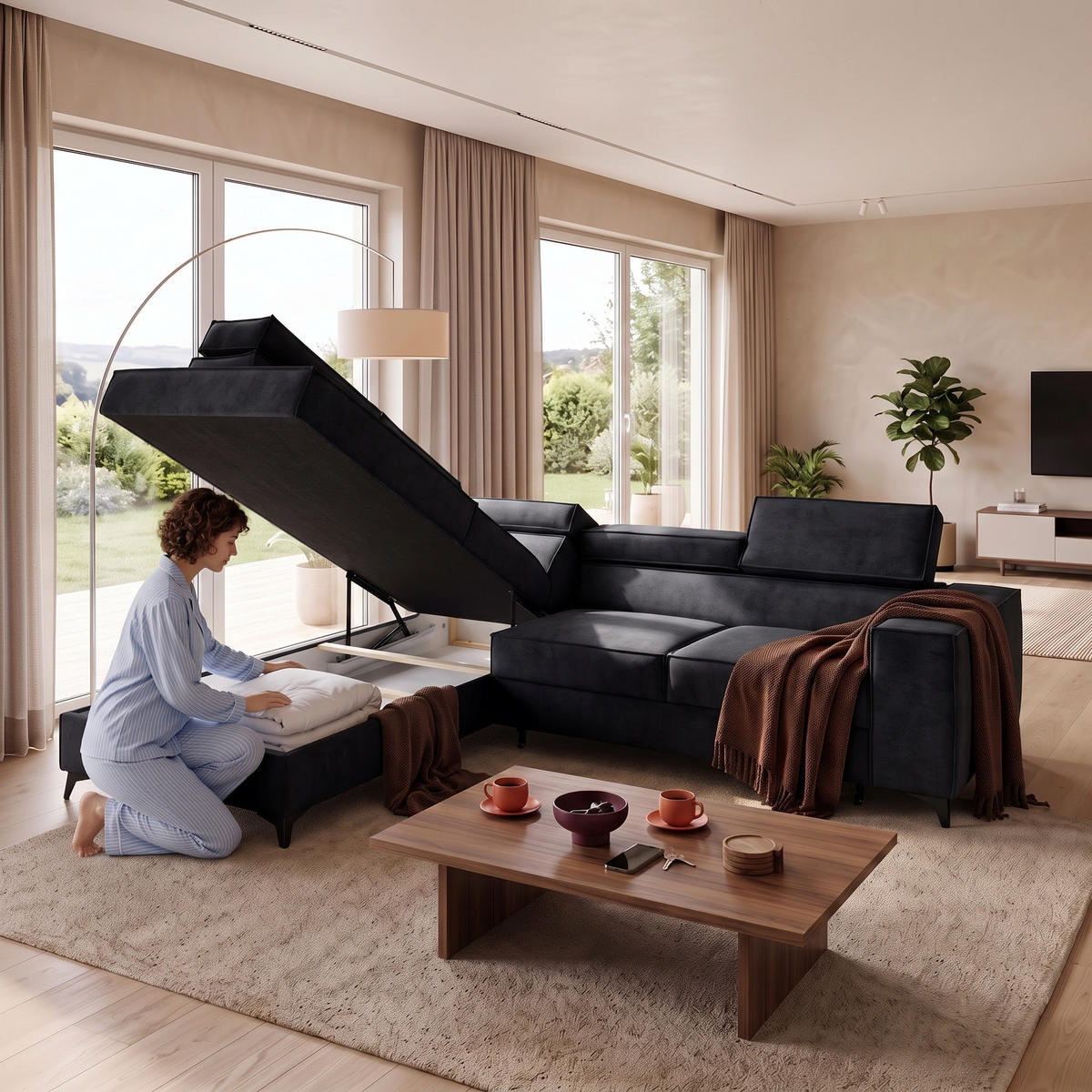 ECKSOFA PURE L Links mit Schlaffunktion 127x199 Velours Graphit - Graphitfarben/Schwarz, Holz/Textil (281/204cm) - Muffo