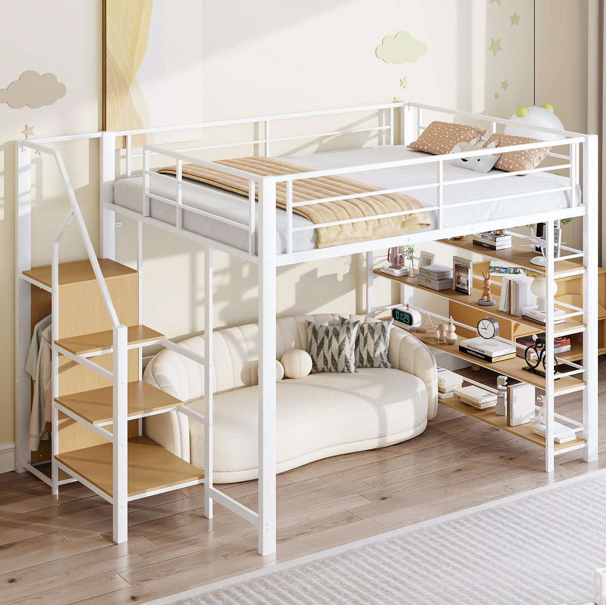 HOCHBETT 140/200 cm, Weiß, mit Stauraumtreppe und Umzäunung - Weiß, Metall (140/200cm) - MIVRAY