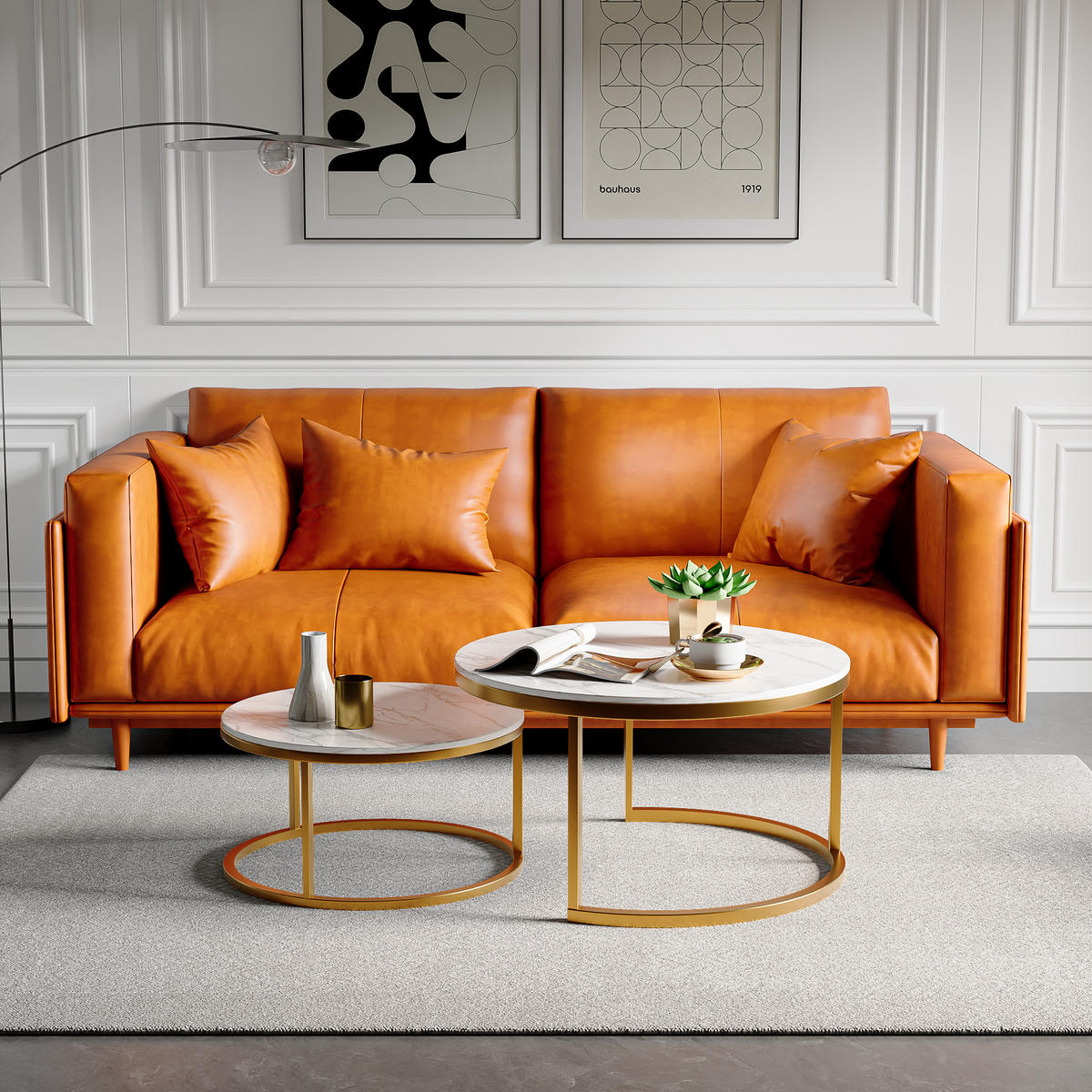 COUCHTISCH-SET Weiß Marmoroptik mit Metallgestell, stapelbar - Goldfarben, Metall (80/80/80cm)