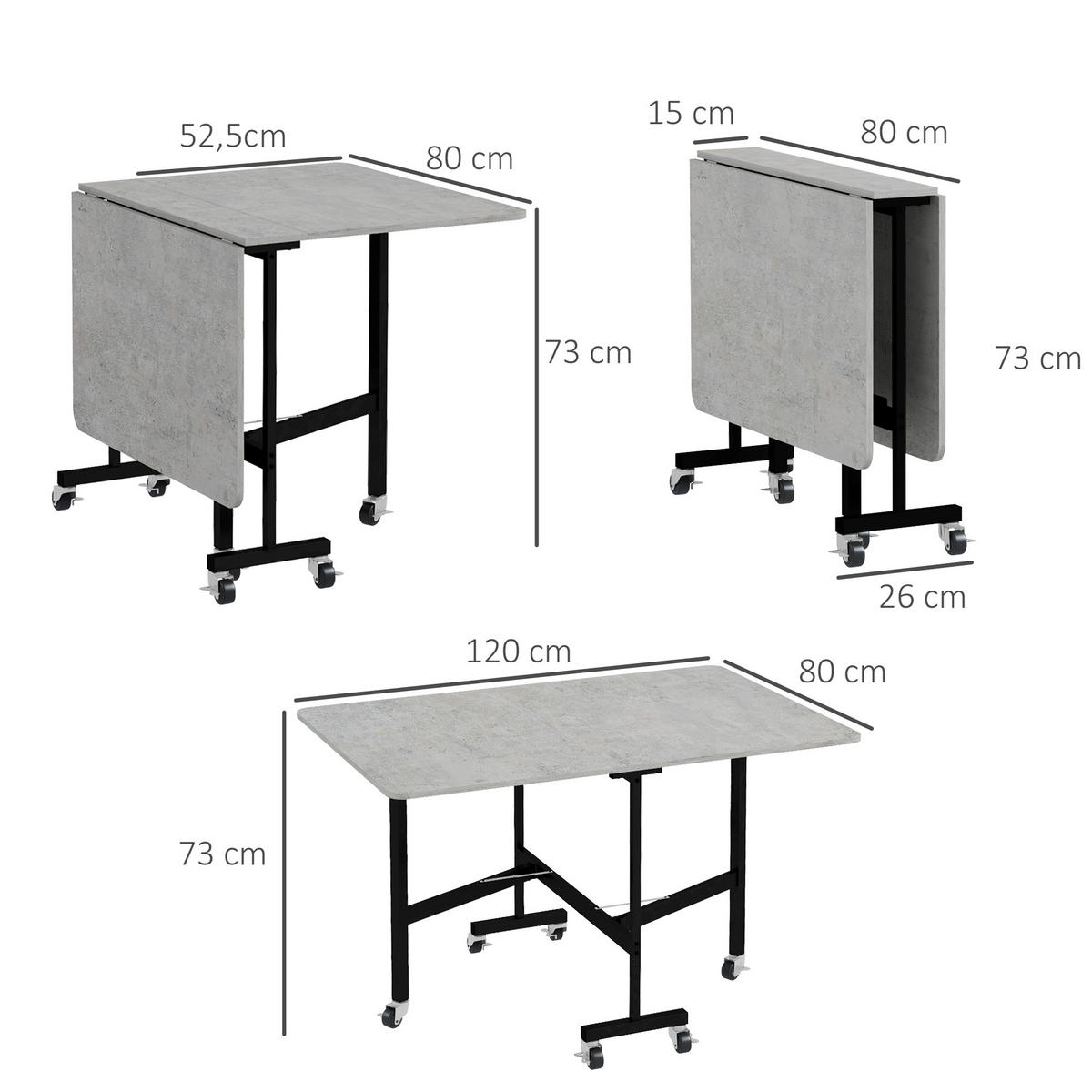 ESSTISCH, Küchentisch mit Rollen, Klapptisch für 4-6 Personen, für Küche, Grau - Grau, Holzwerkstoff (80/73/120cm) - HOMCOM