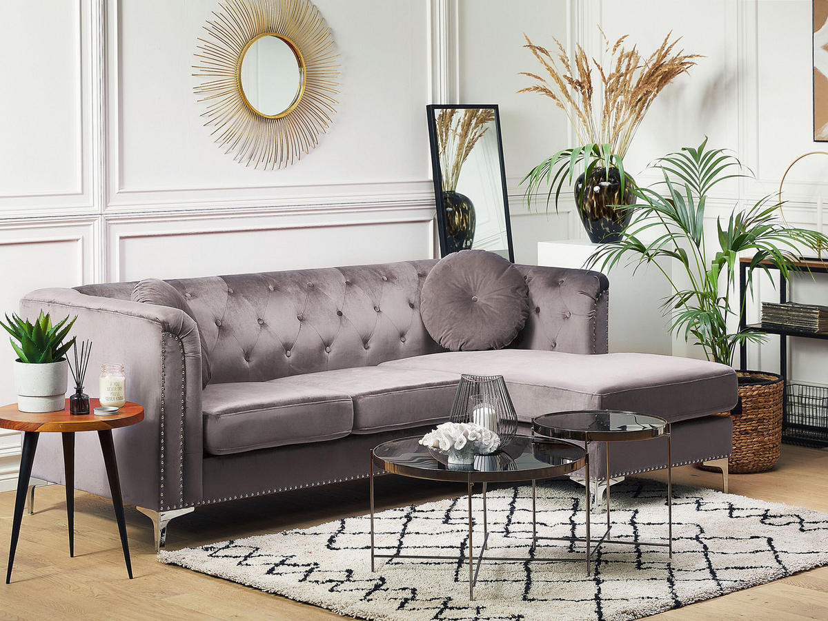 ECKSOFA Samtstoff Grau rechtsseitig Flen - Grau, Textil (212/145cm) - Beliani