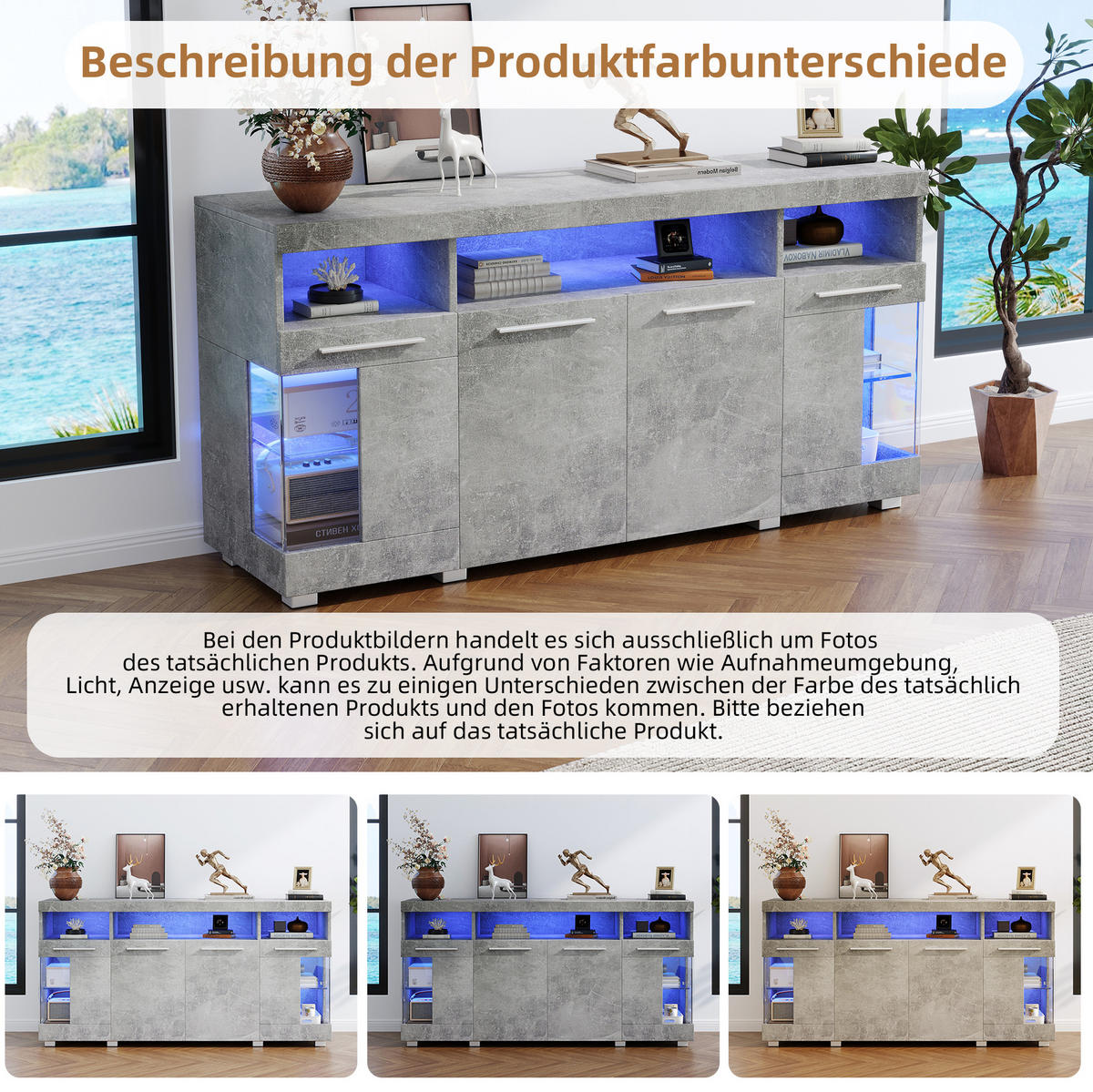 KOMODA z MDF 140x40x70 cm cementově šedá s LED osvětlením a dvířky z tvrzeného skla - šedá, kompozitní dřevo (140/70/40cm) - Modfu