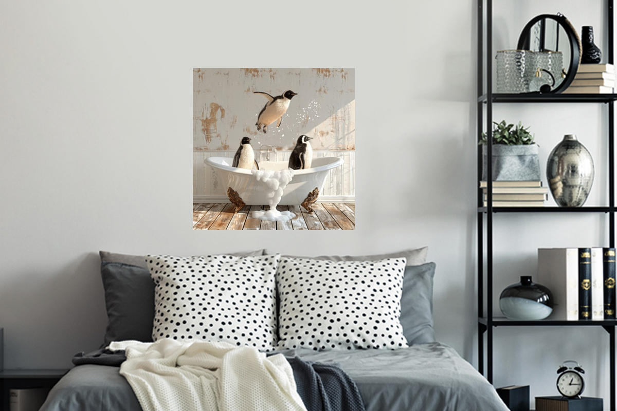 WANDTATTOO Vintage - Pinguin - Badewanne - Schaumstoff 50x50 cm - Schwarz, Kunststoff (50/50/0.1cm) - MuchoWow