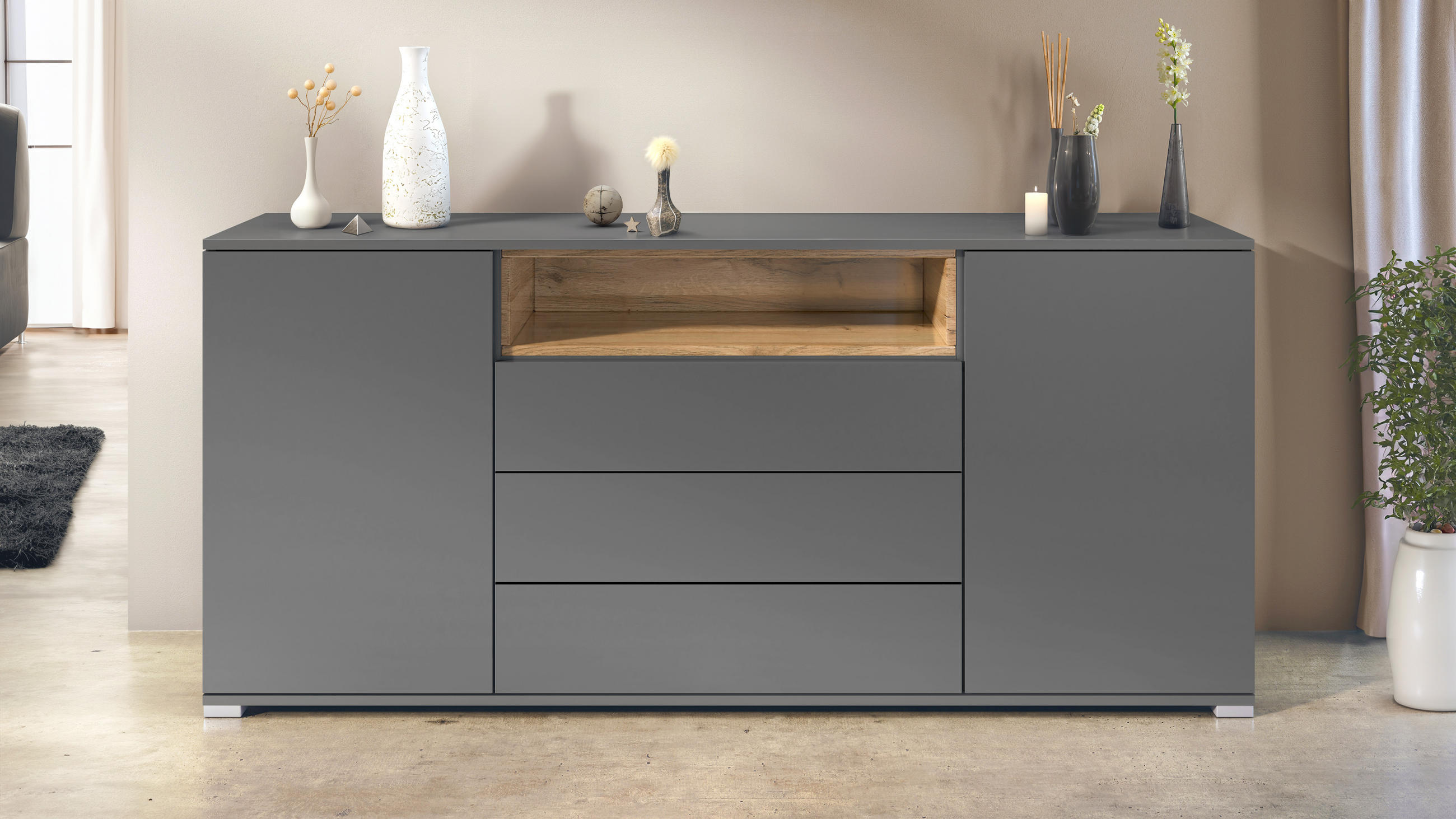 SIDEBOARD Skadu Eiche Natur - Eichefarben, Holzwerkstoff (166.5/75.5/35cm) - Vladon