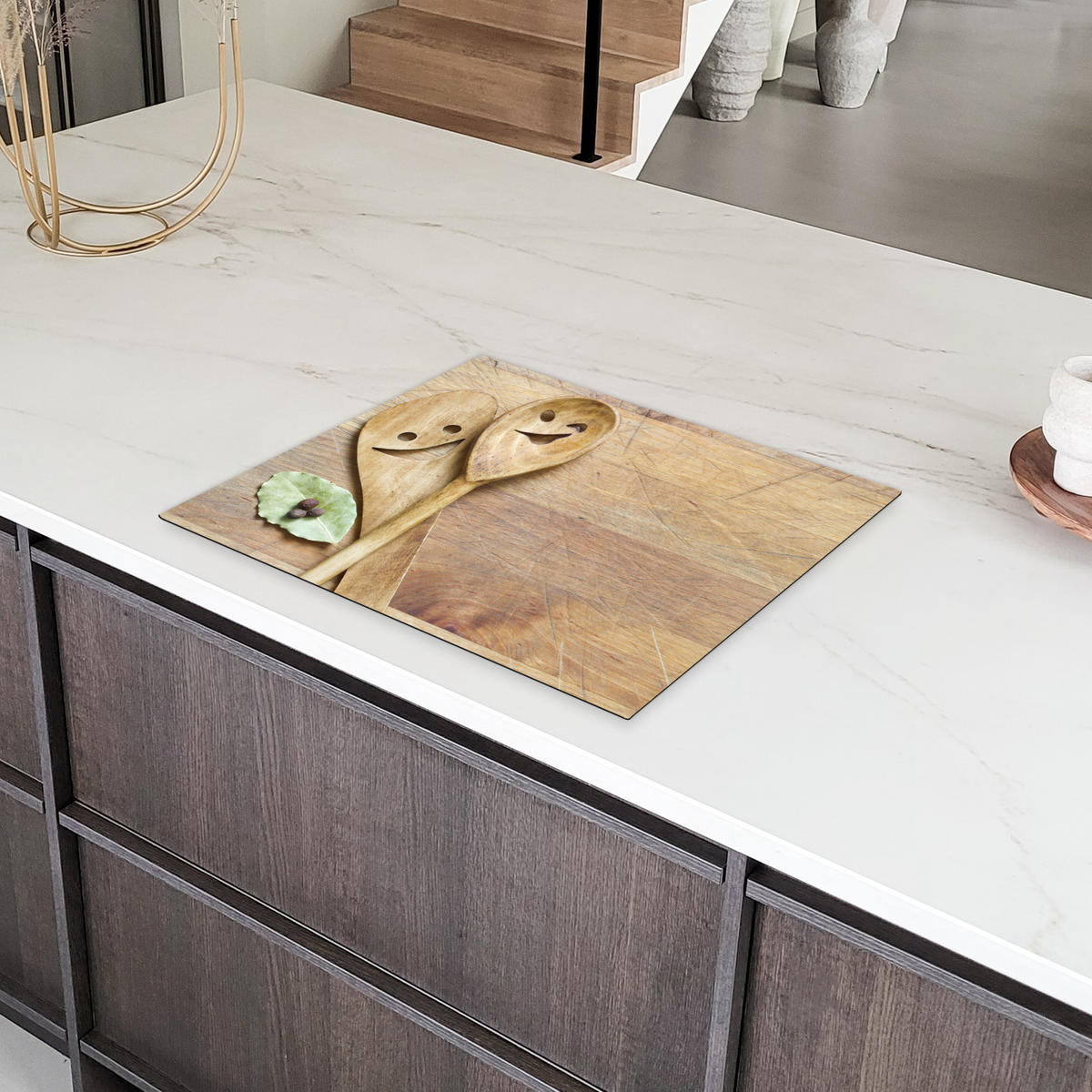 HERDABDECKPLATTE Holz - Löffel - Braun - Smiley 65x52 cm - Hellbraun, Kunststoff (65/52/0.2cm) - MuchoWow