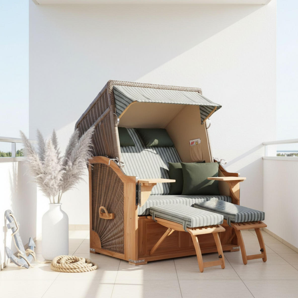 STRANDKORB SEEBLICK 2 Sitzer Teak - Braun/Grün, Metall (125/170/80cm) - Mr. Deko