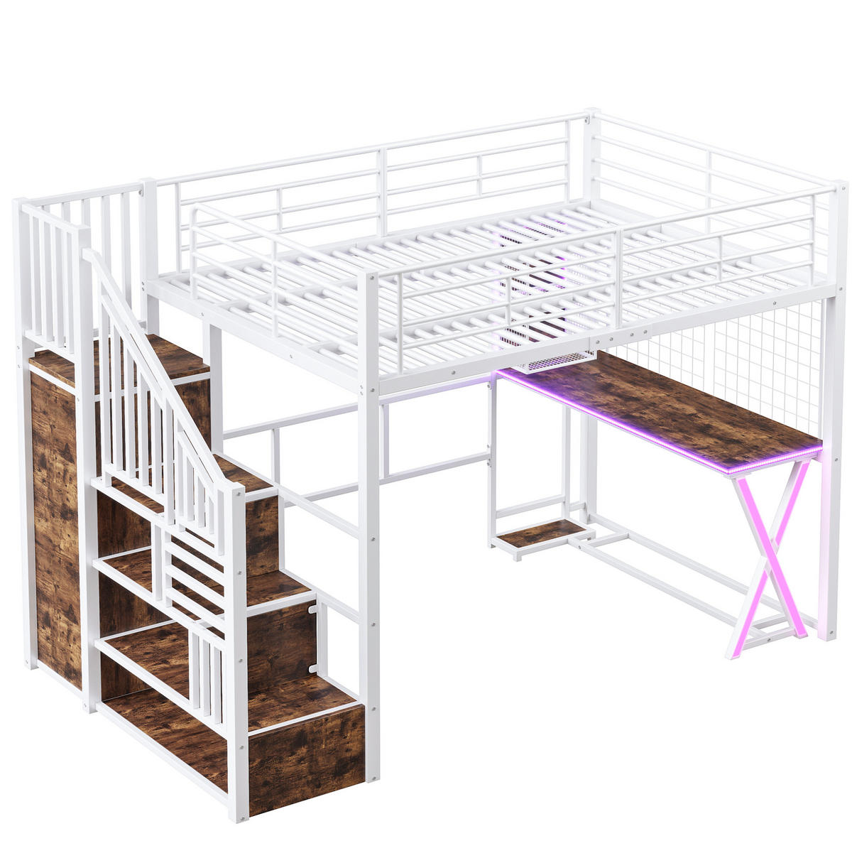 HOCHBETT aus Metall und MDF 140x200 cm Weiß mit Schreibtisch, Kleiderschrank und LED-Beleuchtung - Weiß, Metall (140/200cm) - IVMEU