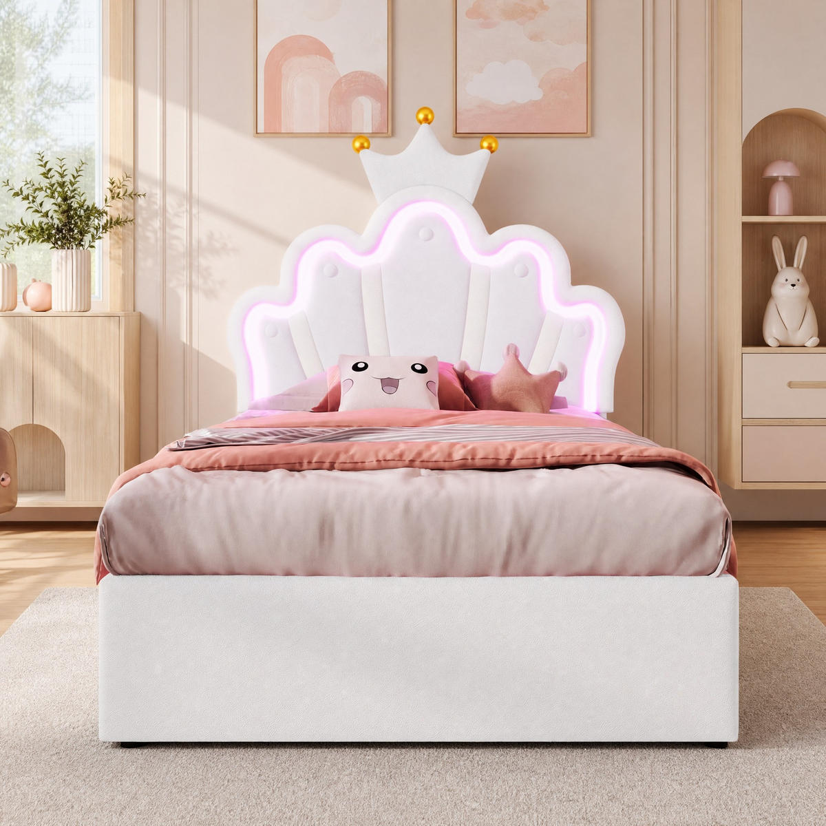 KINDERBETT 90/200 cm in Weiß mit 2 Schubladen, LED und verstellbarem Kopfteil aus PU - Weiß, Holzwerkstoff/Textil (90/200cm) - CHICFURN