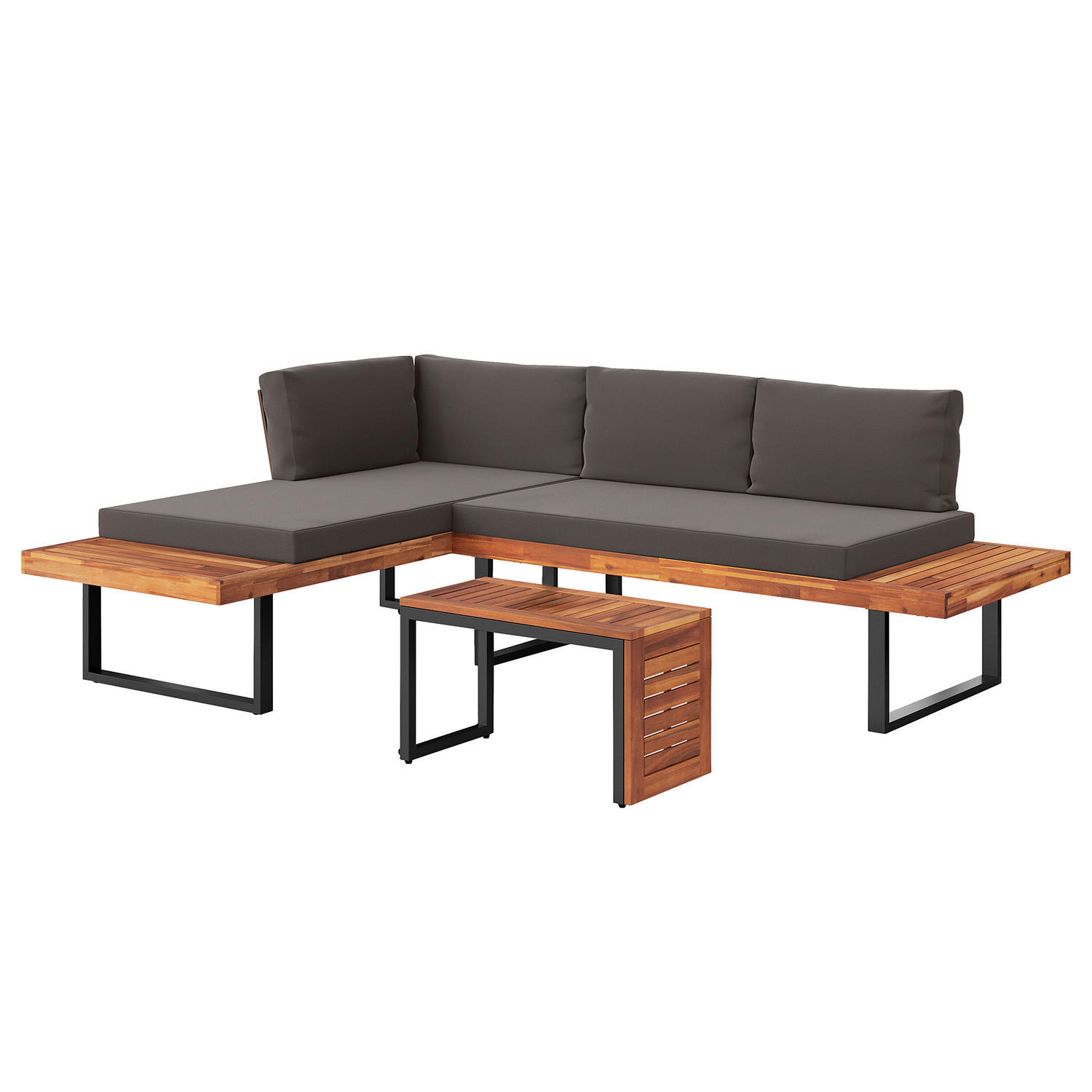 LOUNGESET - Akazie massiv / Polyester - Braun / Grau - 3-teilig - Grau, Holz/Textil - home24