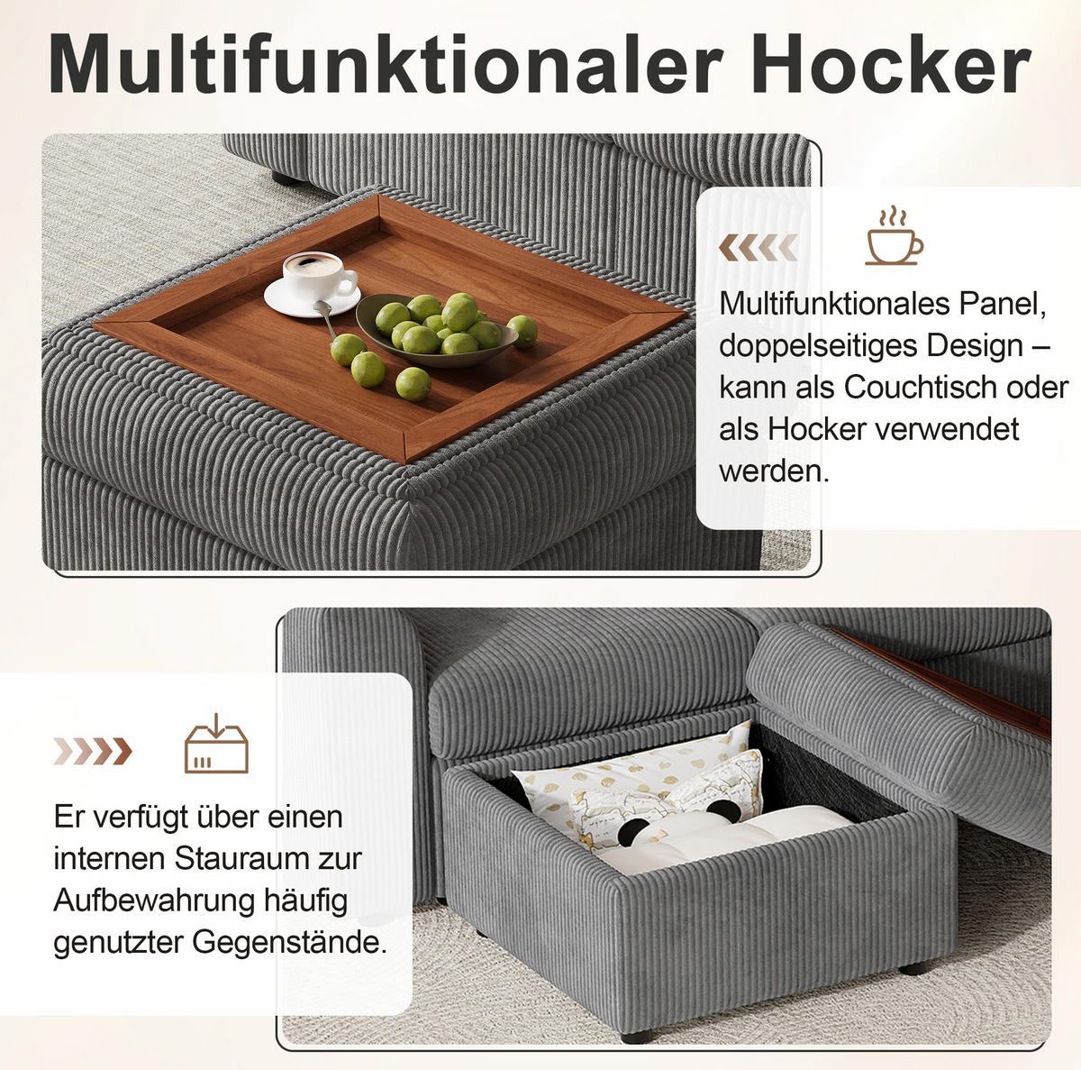 ECKSOFA 282/153/85 cm grau aus Cord mit Schlaffunktion und Hocker - Grau, Textil (153/282cm) - OKWISH
