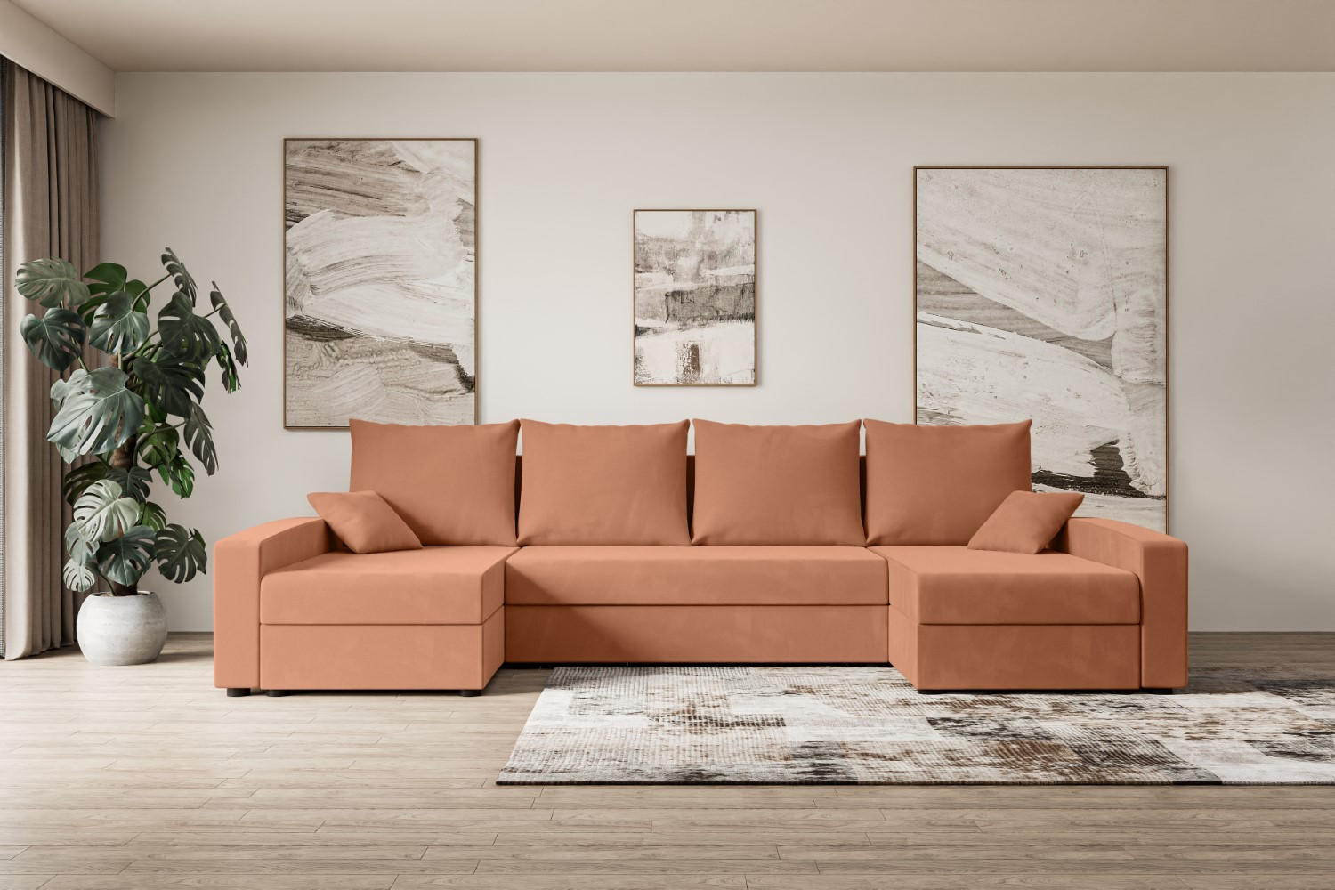 WOHNLANDSCHAFT mit Schlaffunktion und Bettkasten ALESIA-U 301x140x90 cm Koralle Velours - Koralle/Silberfarben, Holzwerkstoff/Kunststoff (301/90/140cm) - ALTDECOR