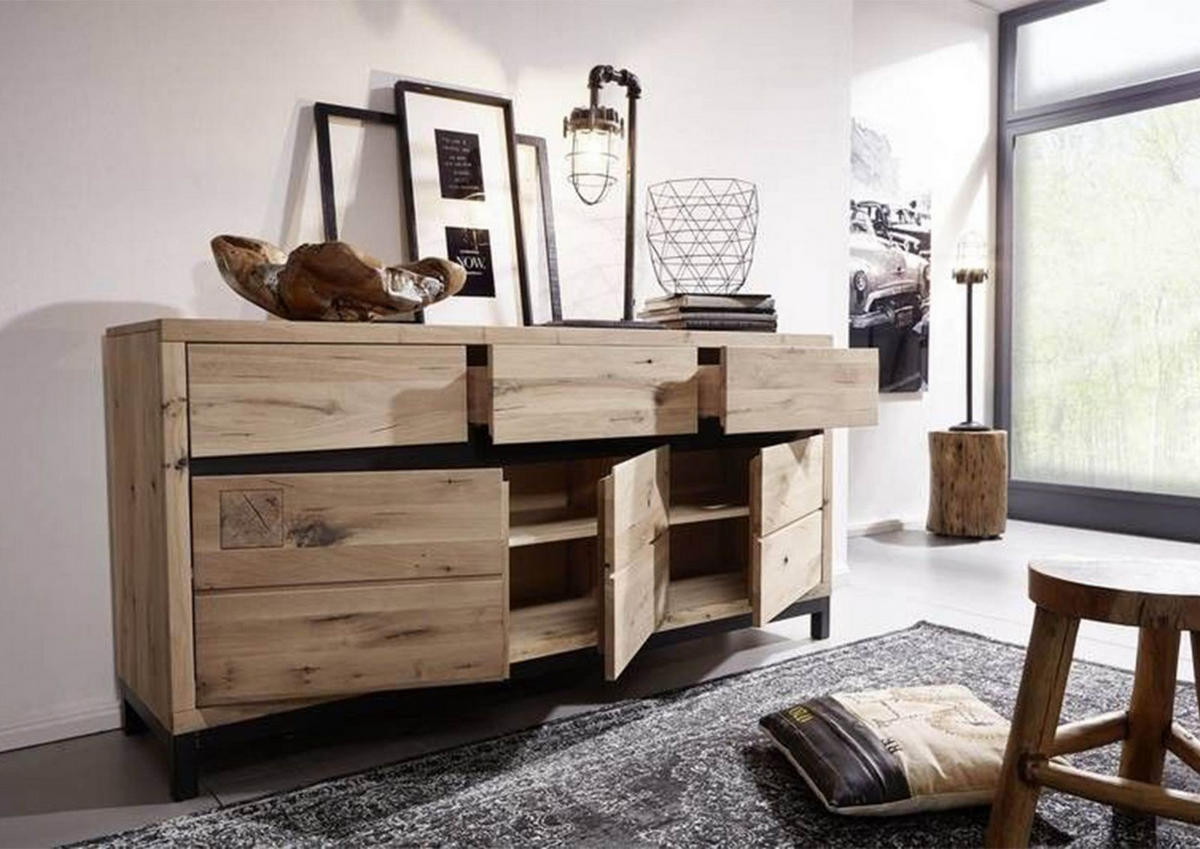 SIDEBOARD Wildeiche 175x45x85 bianco geölt VILLANDERS #208 - Beige, Holz (175/85/45cm) - Massivmoebel24