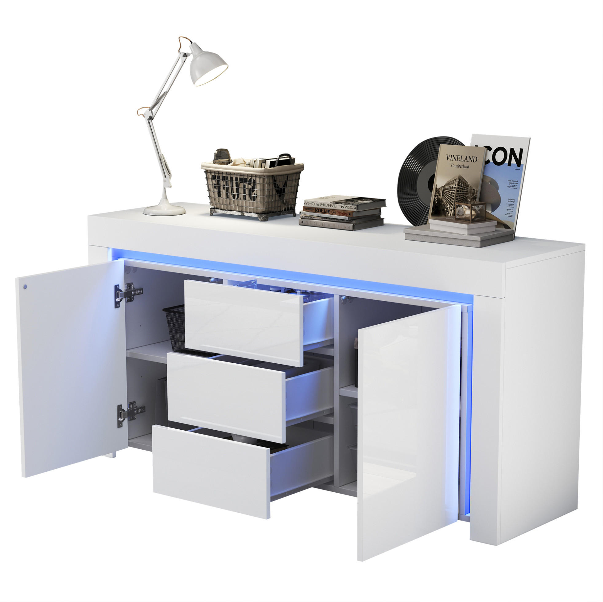OKWISH BOČNÍ skříň 140/40/65 cm bílá z MDF s LED osvětlením a vysokým leskem