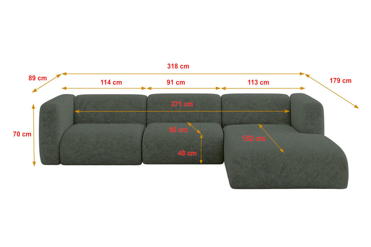 ECKSOFA Ottomane Rechts MIRA-L2 318x179x89 Grün Velours - Schwarz/Grün, Holzwerkstoff/Kunststoff (318/179cm) - ALTDECOR