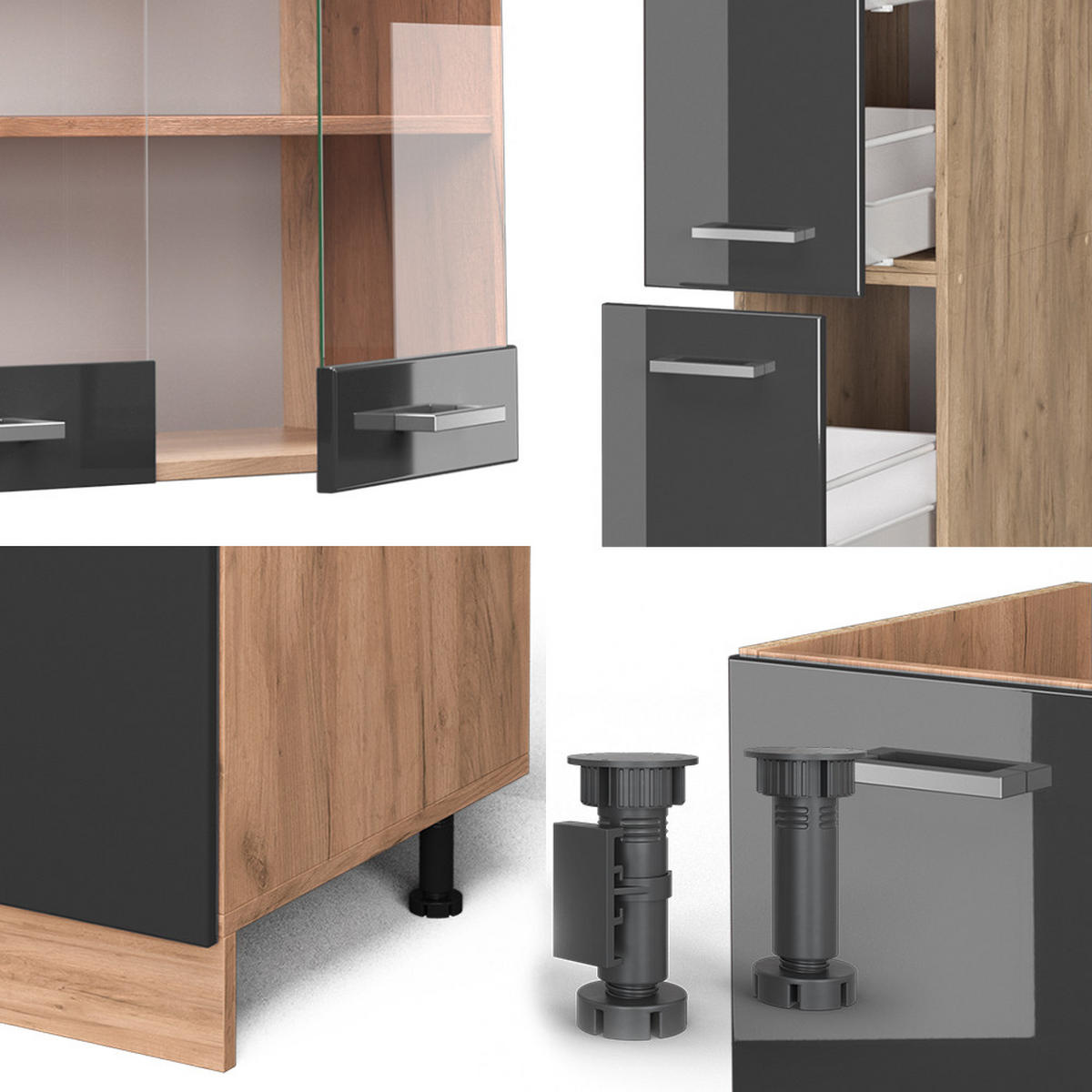 KÜCHENZEILE R-Line Anthrazit Hochglanz/Goldkraft Eiche 350 cm AP Anthrazit - Anthrazit/Eiche Wotan, Holzwerkstoff (350/81.6/60cm) - Vicco