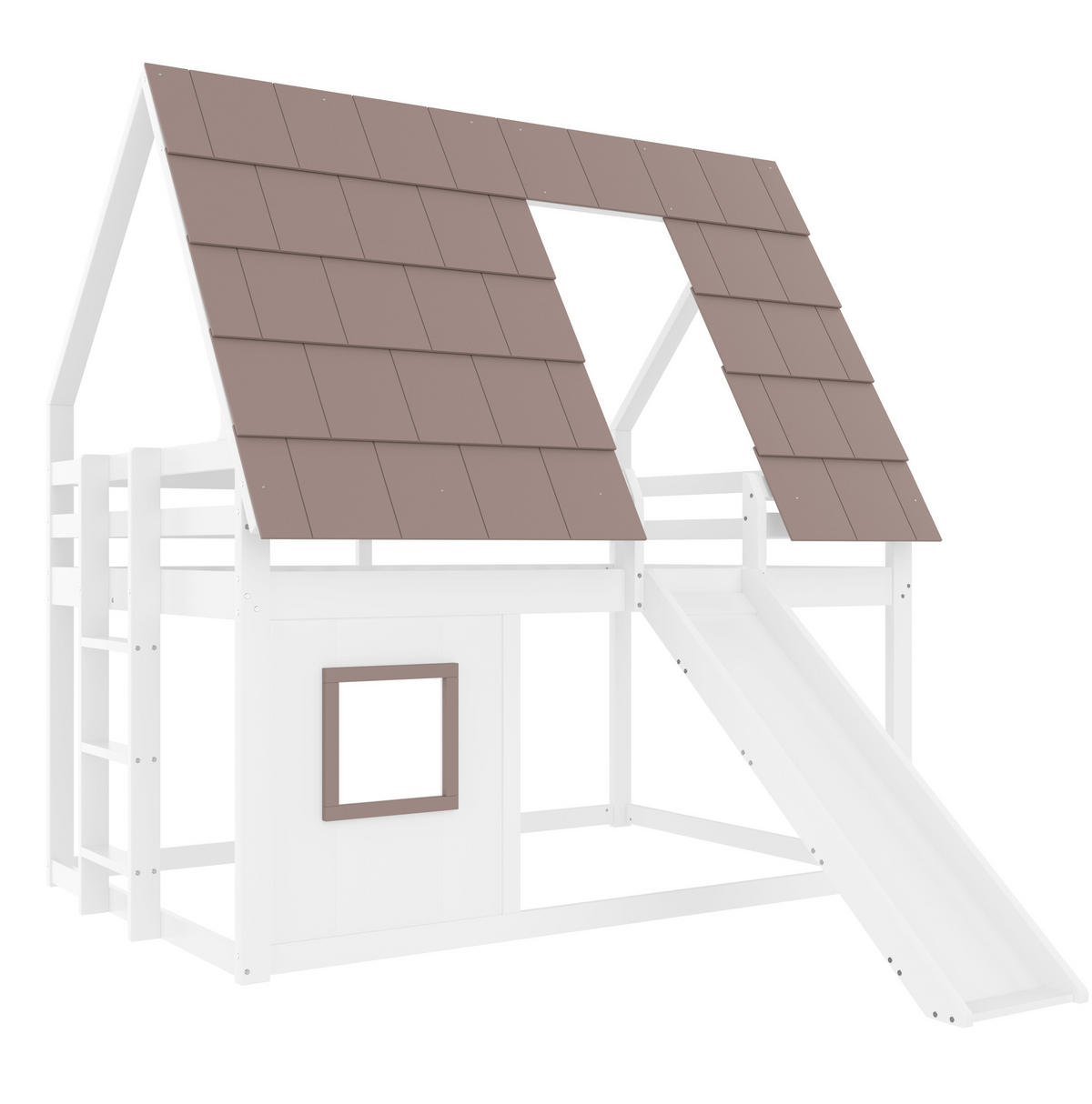 HAUSBETT 140/200 cm mit Dach und Rutsche in Weiß/Braun - Braun, Holzwerkstoff (140/200cm) - BEAOK