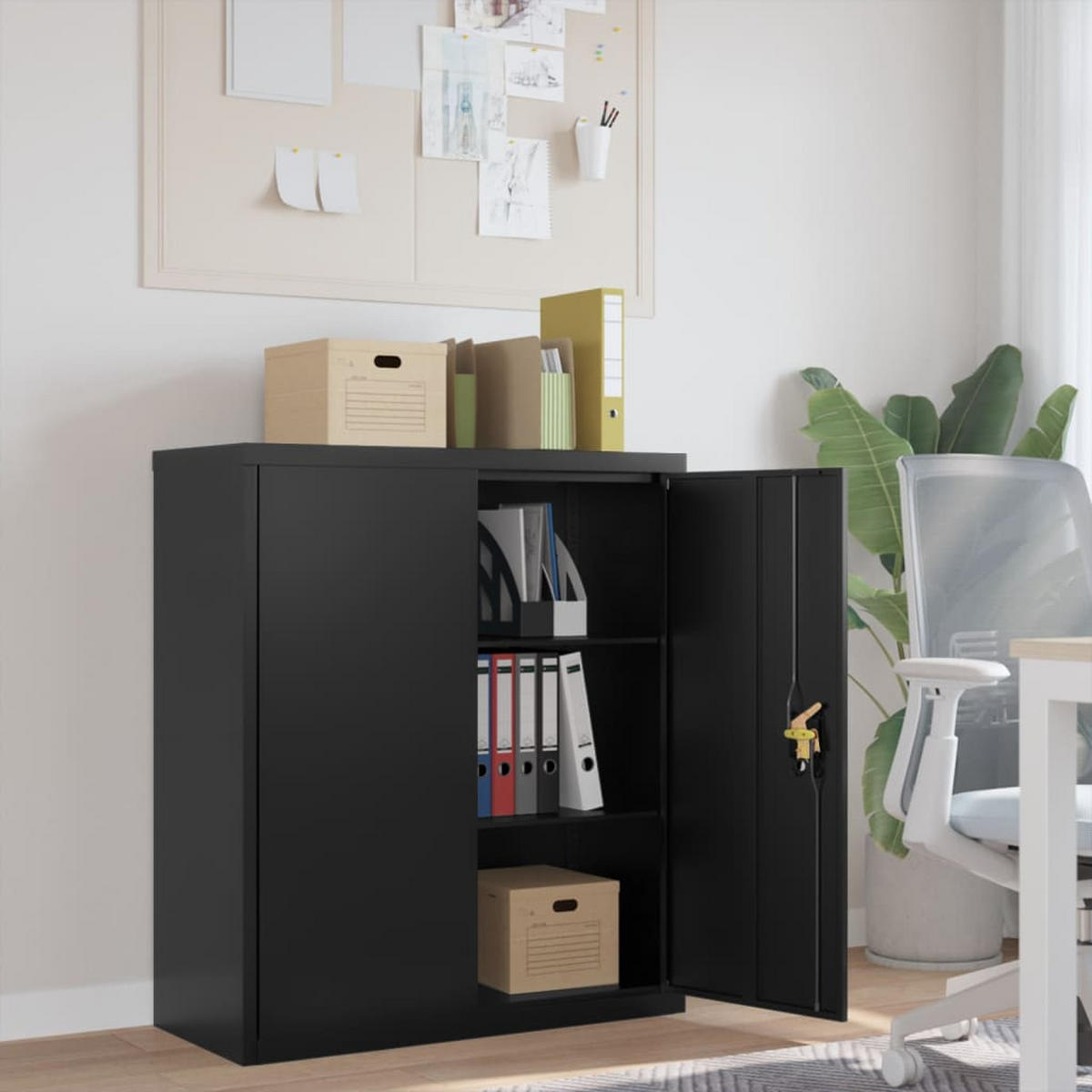 AKTENSCHRANK mit 3 Fächer und abschließbare Türen, 90/40/105 cm, aus Stahl, in Schwarz - Schwarz, Metall (90/105/40cm) - vidaXL