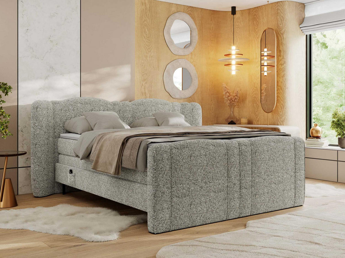 BOXSPRINGBETT FORTINA 180/200 - Beige Stukture - Topper T25 - H4 - Beige/Schwarz, Textil/Metall (180/200cm) - MKS