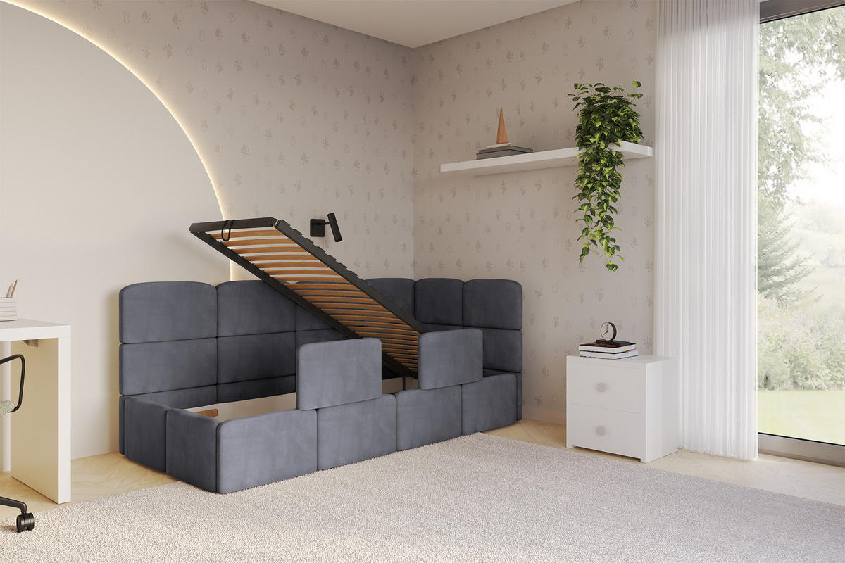EINZELLBETT Jugendbett mit Bettkasten, Links - KIVY 100x200 Dunkelgrau - Dunkelgrau, Holzwerkstoff/Textil (100/200cm) - ALTDECOR