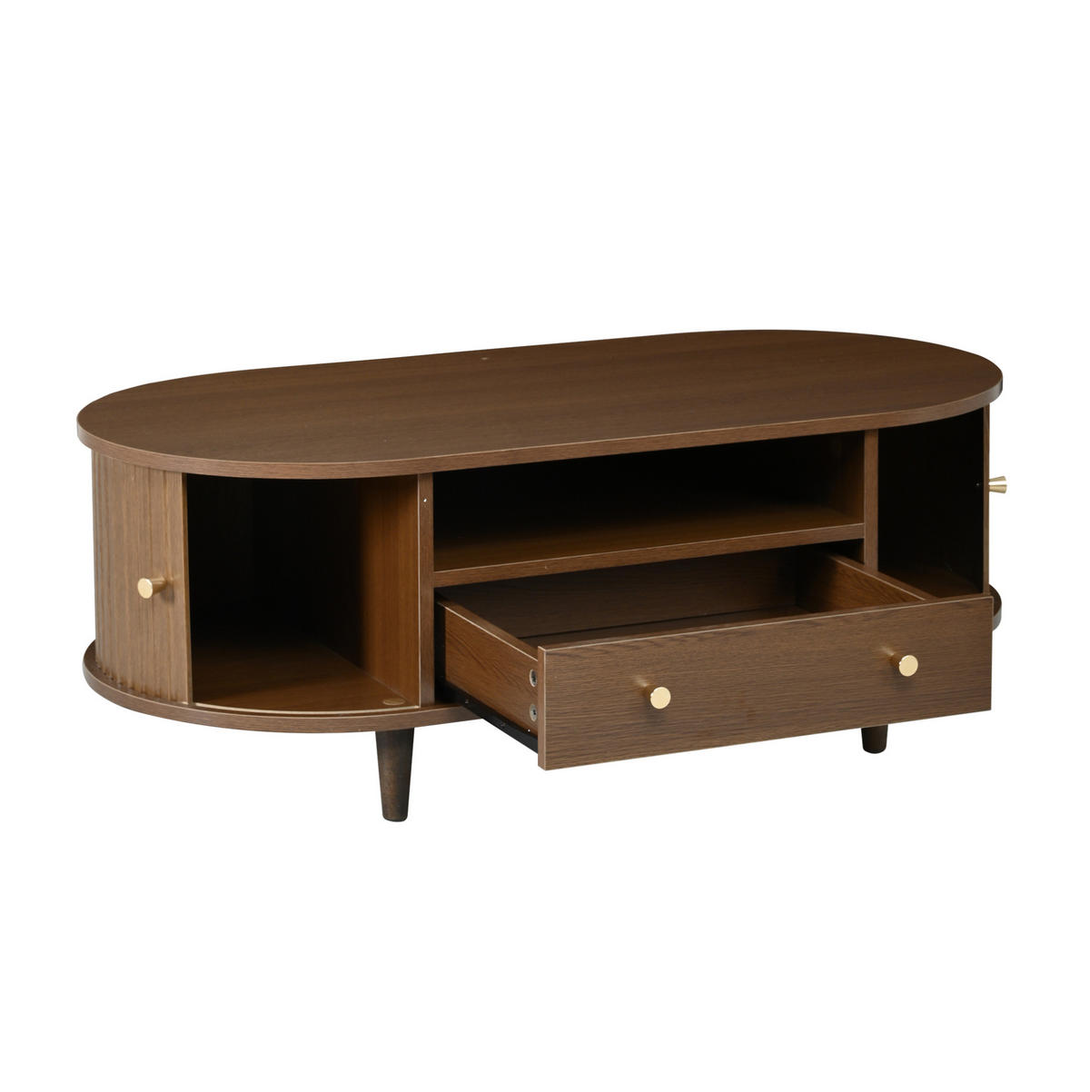 COUCHTISCH oval 100 x 50 x 36 cm MDF Walnuss mit Schublade und Rolltür - Braun, Holz (100/50/36cm) - Meubliv
