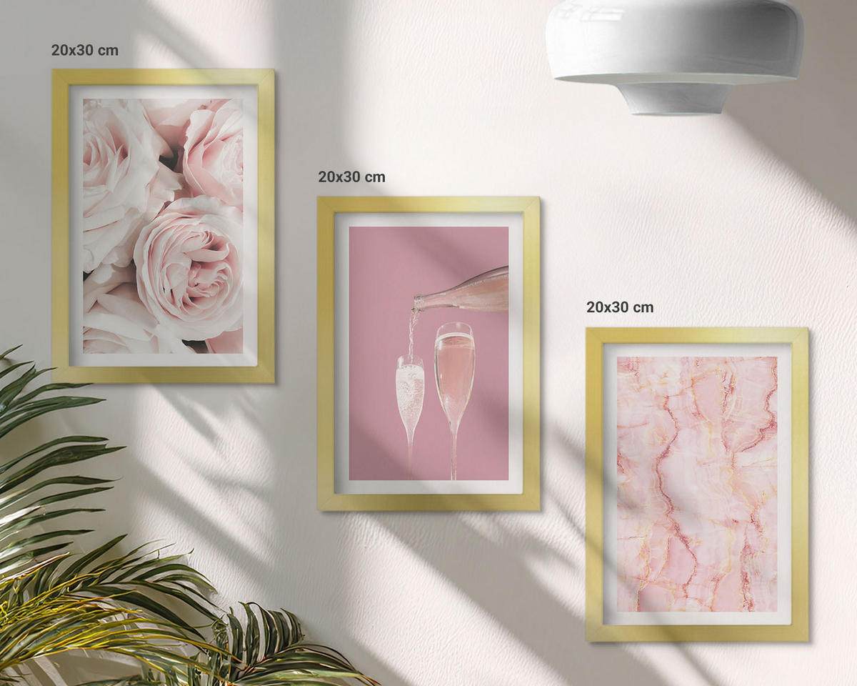 BILDER SET 3er Set - 20x30 cm Goldrahmen - Champagnerfarbene Rosen, Marmorhintergrund - Goldfarben, Kunststoff (20/30cm) - TULUP