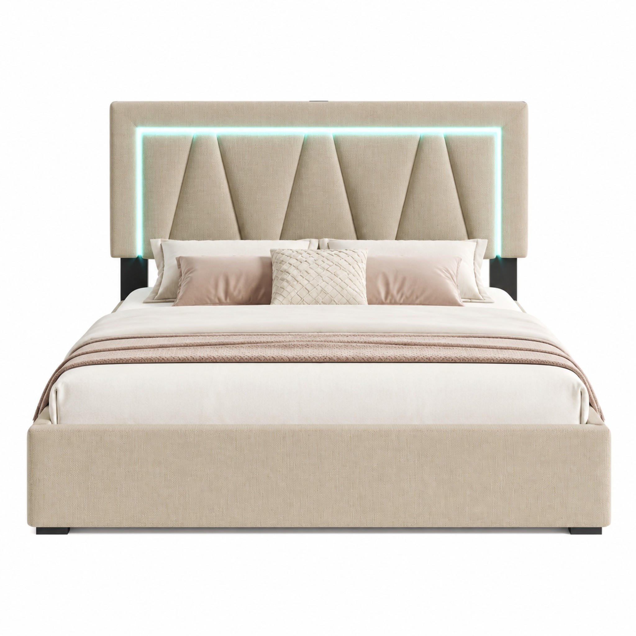 POLSTERBETT mit Stauraum, USB und LED 140x200 cm Beige inkl. Matratze - Beige, Metall (140/200cm) - Meubliv