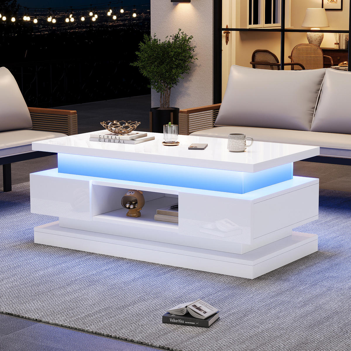 COUCHTISCH höhenverstellbar 100 x 50 cm Weiß Hochglanz mit LED - Weiß, Holzwerkstoff (100/50/40cm) - Meubliv