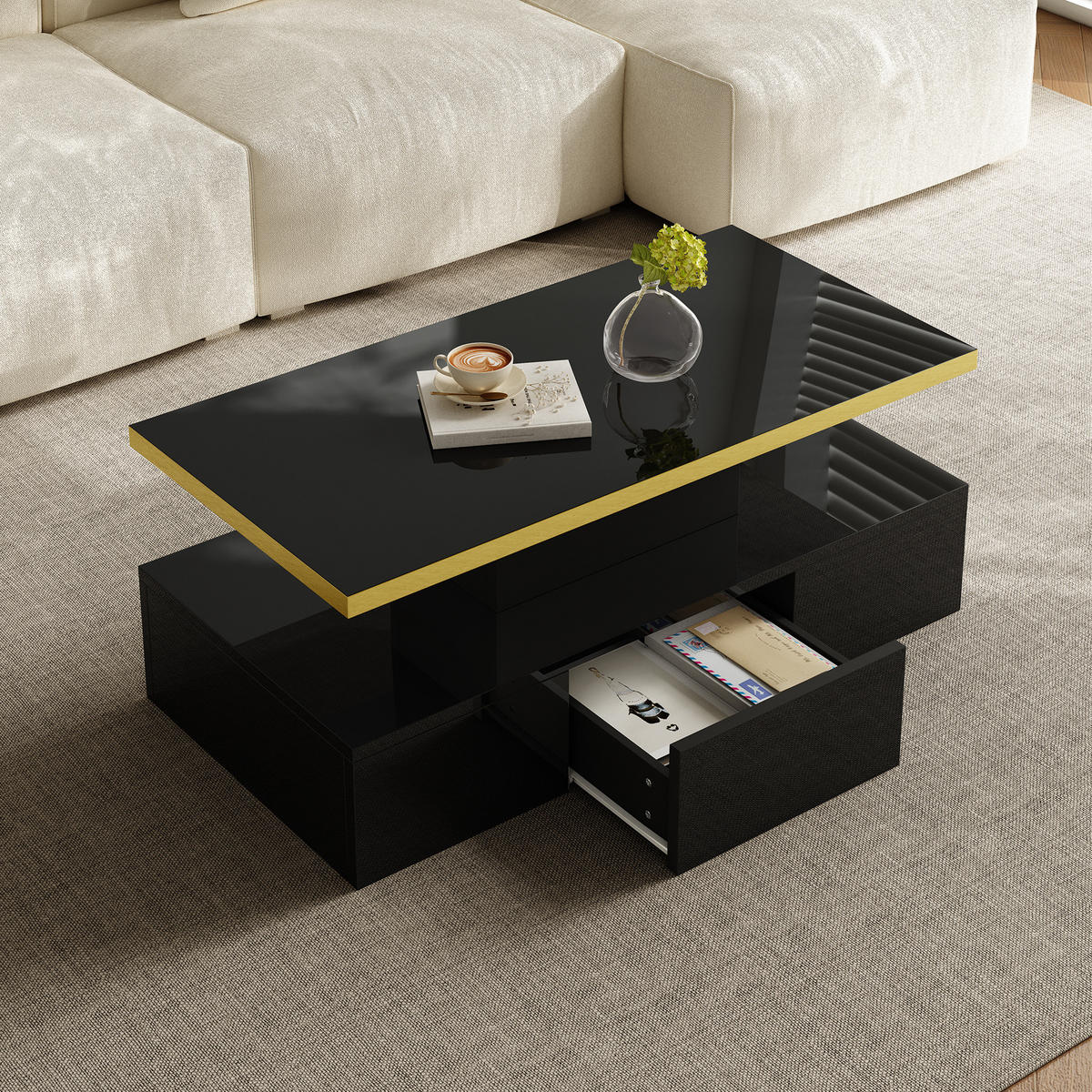 COUCHTISCH, Hochglanz Schwarz mit 2 Ebenen und integrierter Schublade, platzsparendes Design, 100/50/39 cm，Schwarz - Schwarz, Holzwerkstoff (100/50/39cm) - Redom