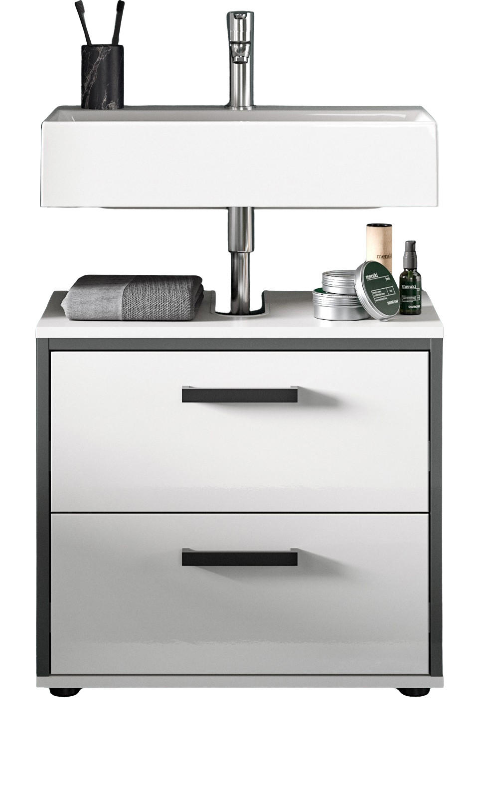 WASCHBECKENUNTERSCHRANK weiß Hochglanz, grau 60 cm, Unterschrank mit Schubkästen - Weiß Hochglanz/Schwarz, Holzwerkstoff/Kunststoff (60/55/37.5cm) - Inn.Furn
