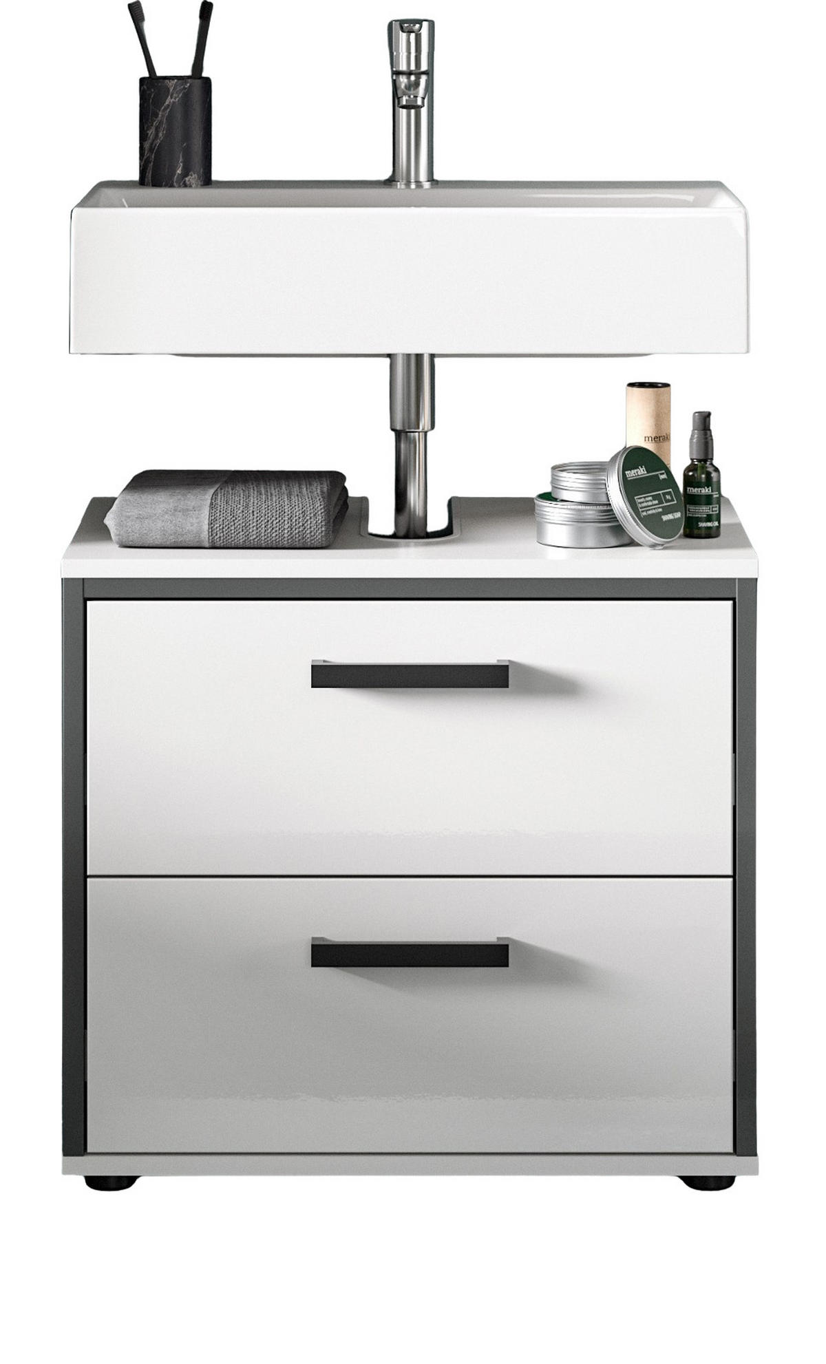 WASCHBECKENUNTERSCHRANK weiß Hochglanz, grau 60 cm, Unterschrank mit Schubkästen - Weiß Hochglanz/Schwarz, Holzwerkstoff/Kunststoff (60/55/37.5cm) - Inn.Furn