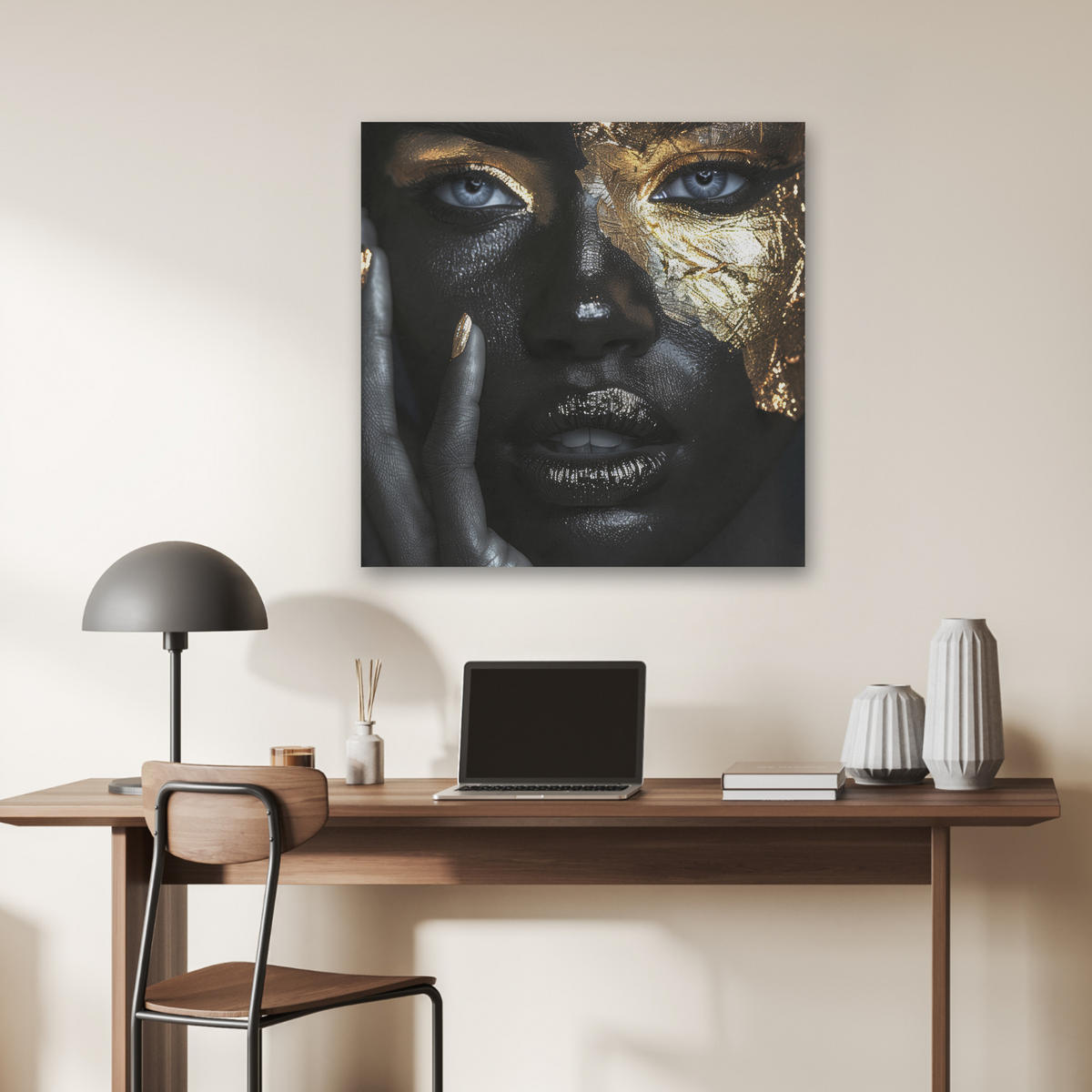 AKUSTIKBILD Frau - Gold - Porträt - Schwarz-Weiß - Luxus Akustikpaneele 80x80 cm - Hellblau, Kunststoff (80/80/0.9cm) - MuchoWow